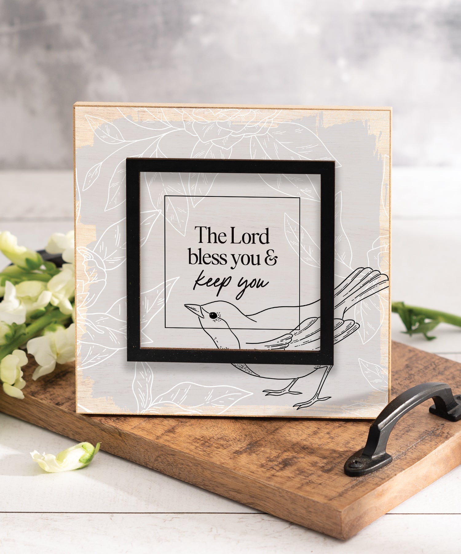 The Lord Bless You and Keep You 6x6 Layered Grace Plaque with laser-cut black accent, neutral modern artwork, and Christian blessing