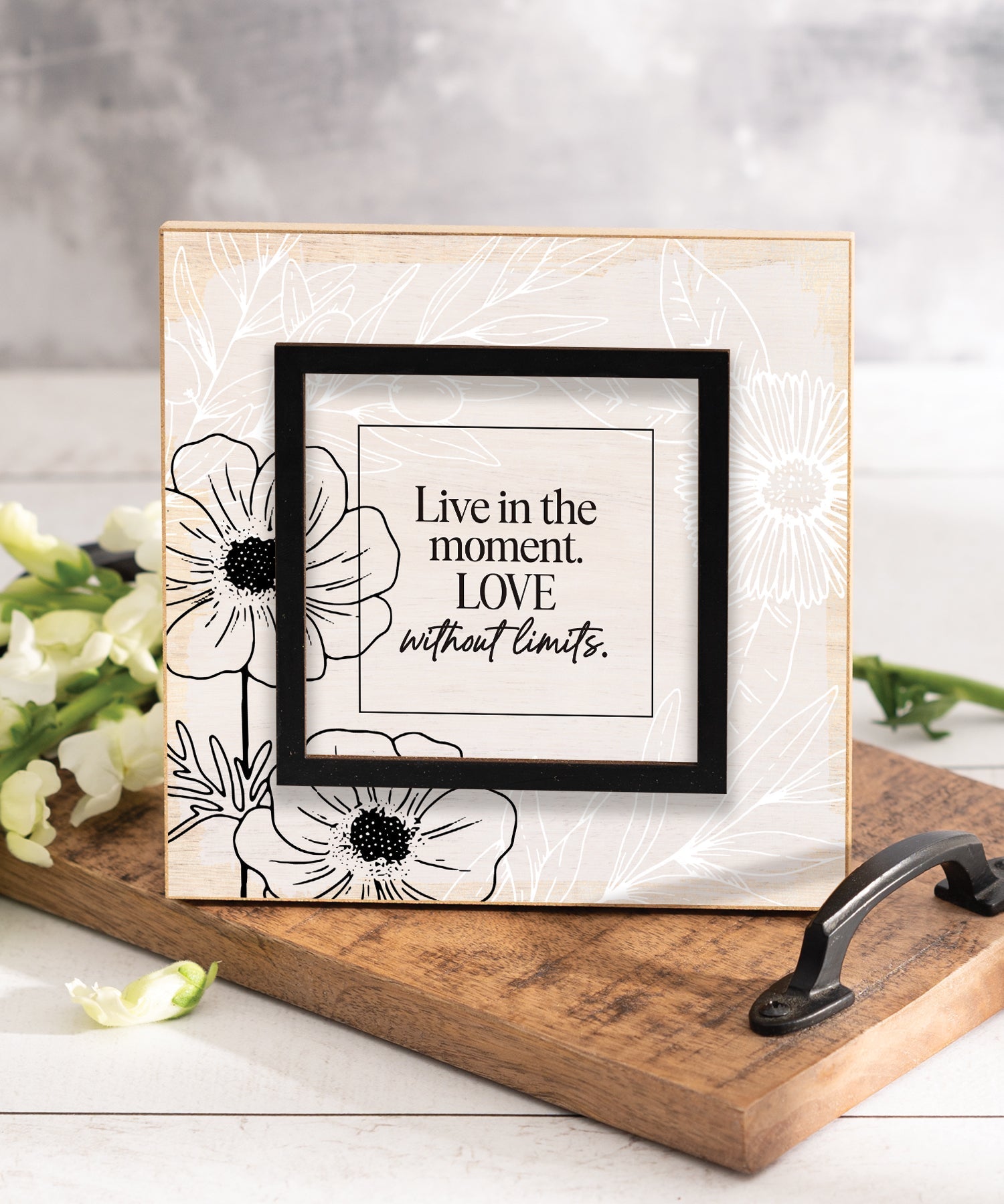 Live in the Moment 6x6 Layered Grace Plaque with laser-cut black accent, modern neutral artwork, and inspirational message