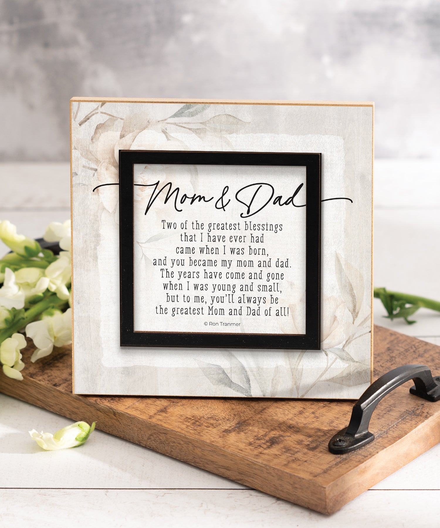 Mom & Dad 6x6 MDF Plaque with a laser-cut black square accent, full-color farmhouse-style design, neutral tones, and an uplifting verse.
