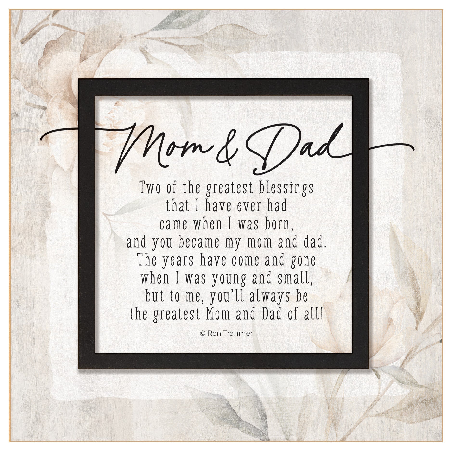 Mom & Dad 6x6 MDF Plaque with a laser-cut black square accent, full-color farmhouse-style design, neutral tones, and an uplifting verse.