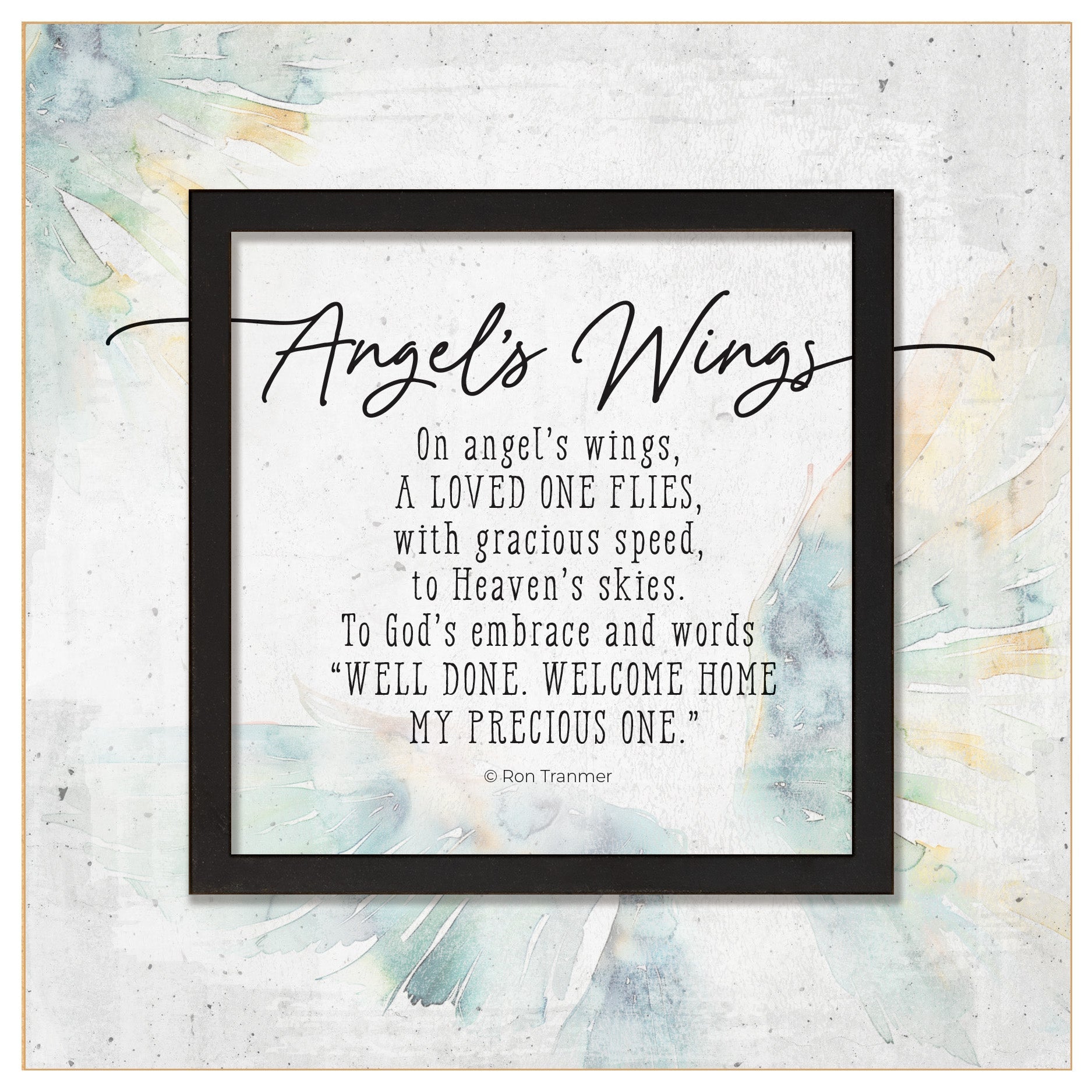 Angel’s Wings 6x6 MDF Plaque with a laser-cut black square accent, full-color farmhouse-style design, neutral tones, and an uplifting verse.