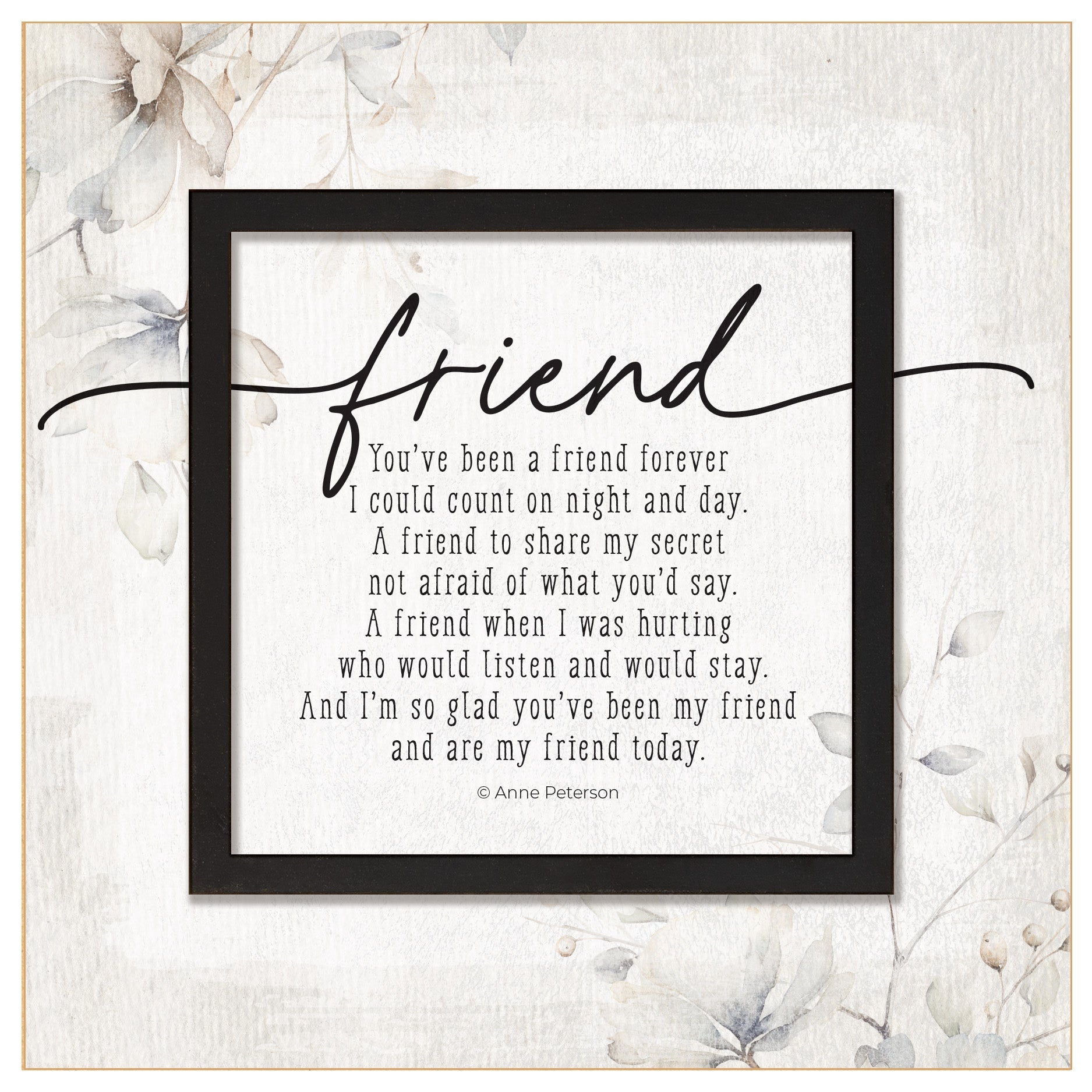 Friend Forever 6x6 MDF Plaque with a laser-cut black square accent, full-color farmhouse-style design, neutral tones, and an uplifting verse.