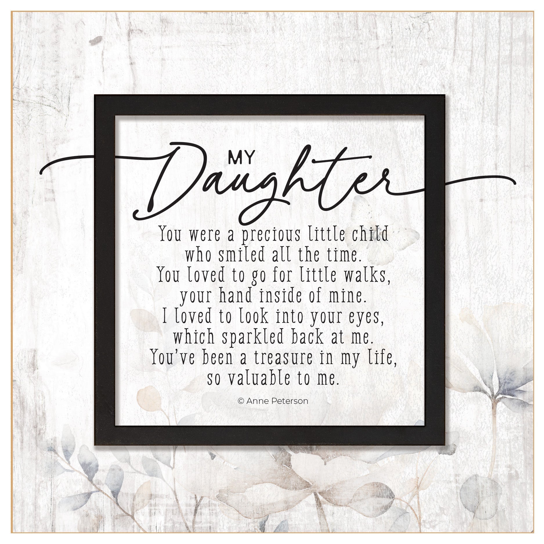 My Daughter 6x6 MDF Plaque with a laser-cut black square accent, full-color farmhouse-style design, neutral tones, and an uplifting verse.