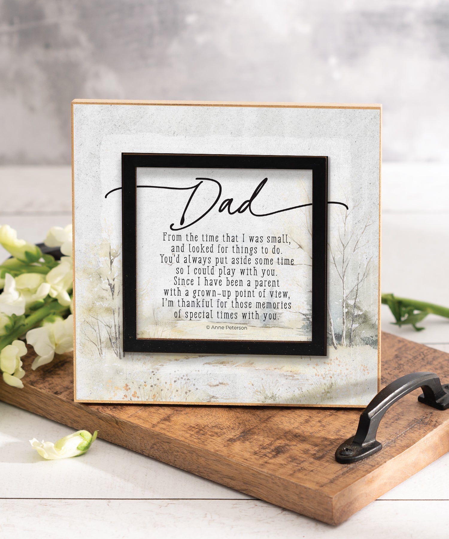 Dad 6x6 MDF Plaque with a laser-cut black square accent, full-color farmhouse-style design, neutral tones, and an uplifting verse.