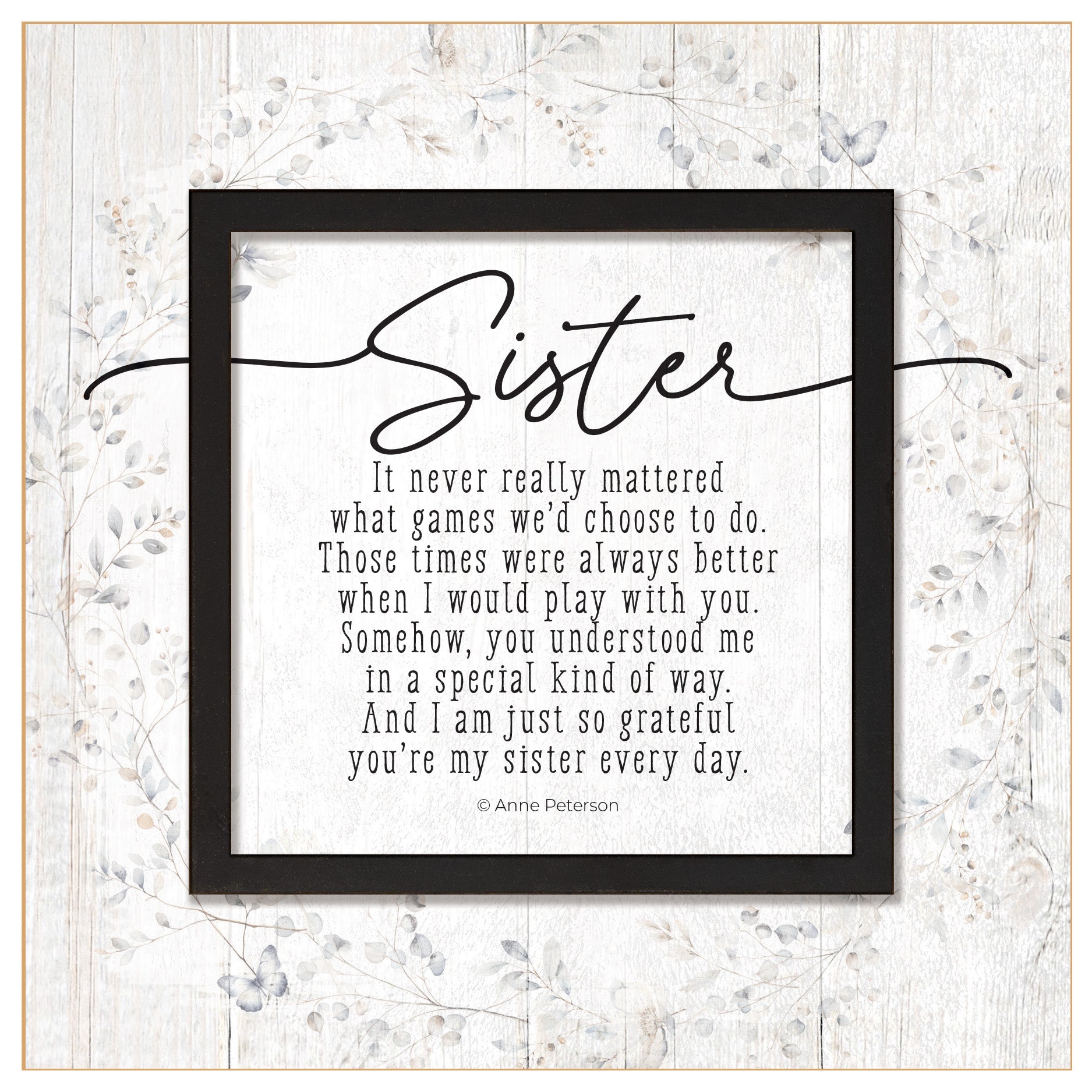 Sister 6x6 MDF Plaque with a laser-cut black square accent, full-color farmhouse-style design, neutral tones, and an uplifting verse.