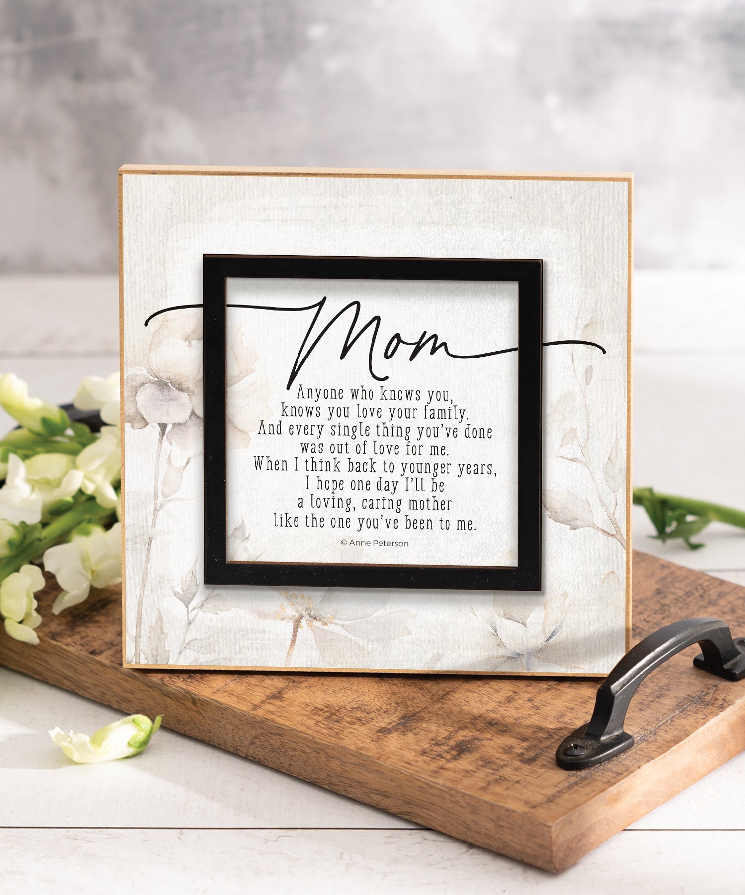 Mom 6x6 MDF Plaque with a laser-cut black square accent, full-color farmhouse-style design, neutral tones, and an uplifting verse.