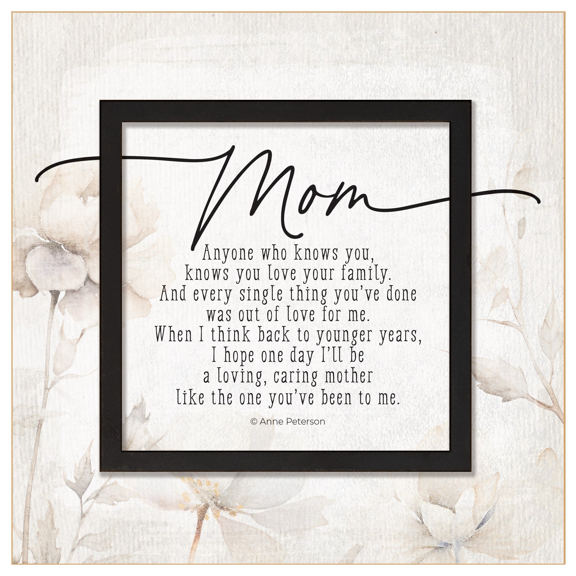 Mom 6x6 MDF Plaque with a laser-cut black square accent, full-color farmhouse-style design, neutral tones, and an uplifting verse.