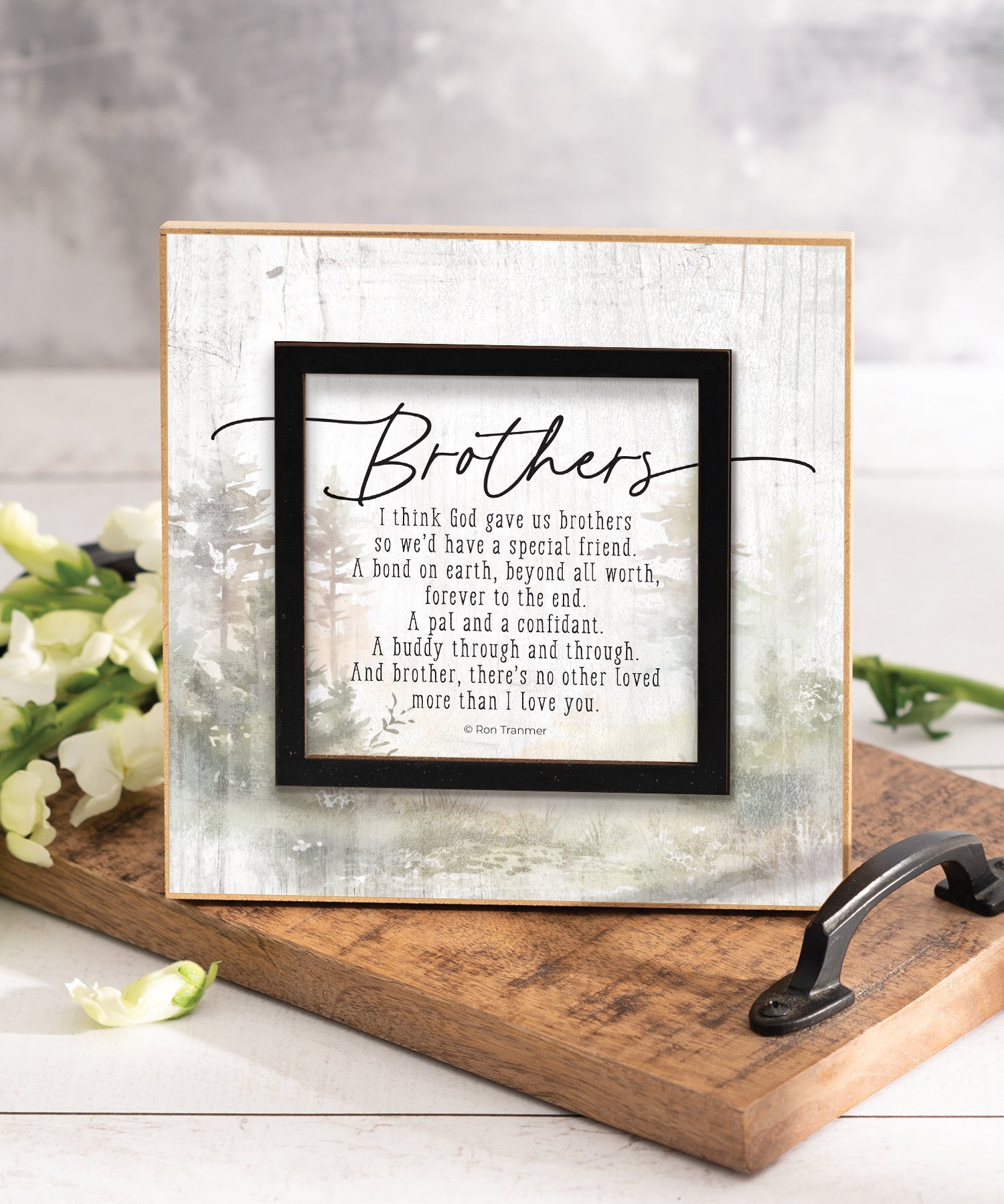 Brothers 6x6 MDF Plaque with a laser-cut black square accent, full-color farmhouse-style design, neutral tones, and an uplifting verse.