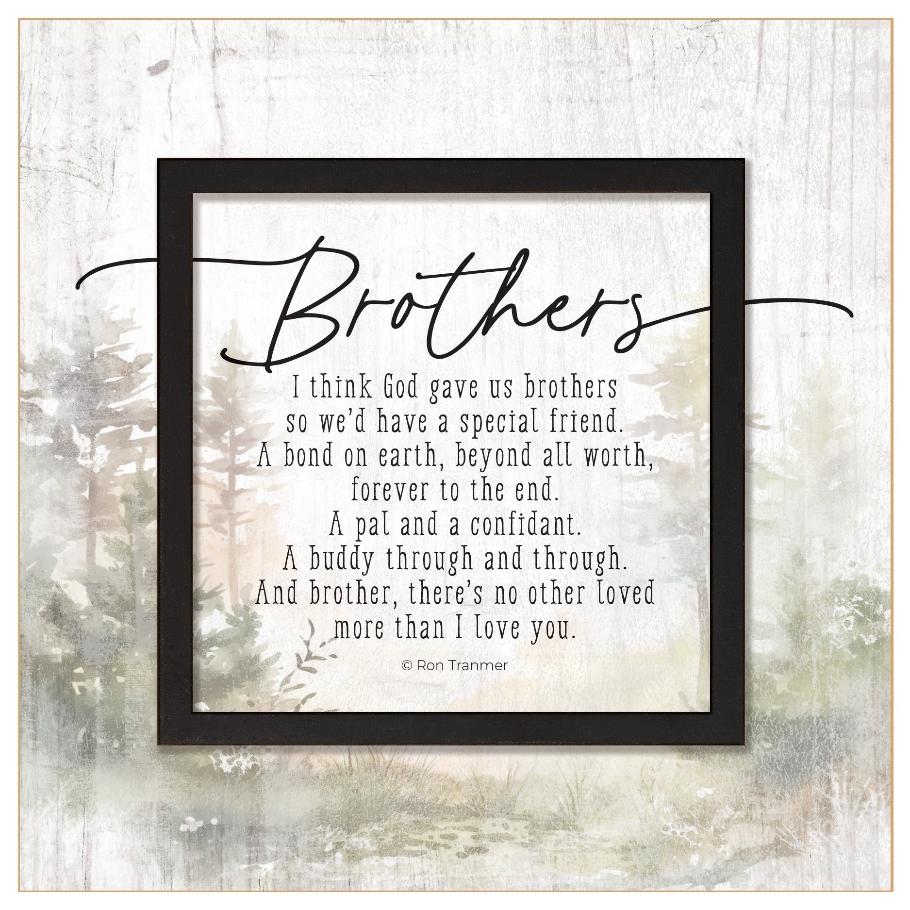Brothers 6x6 MDF Plaque with a laser-cut black square accent, full-color farmhouse-style design, neutral tones, and an uplifting verse.
