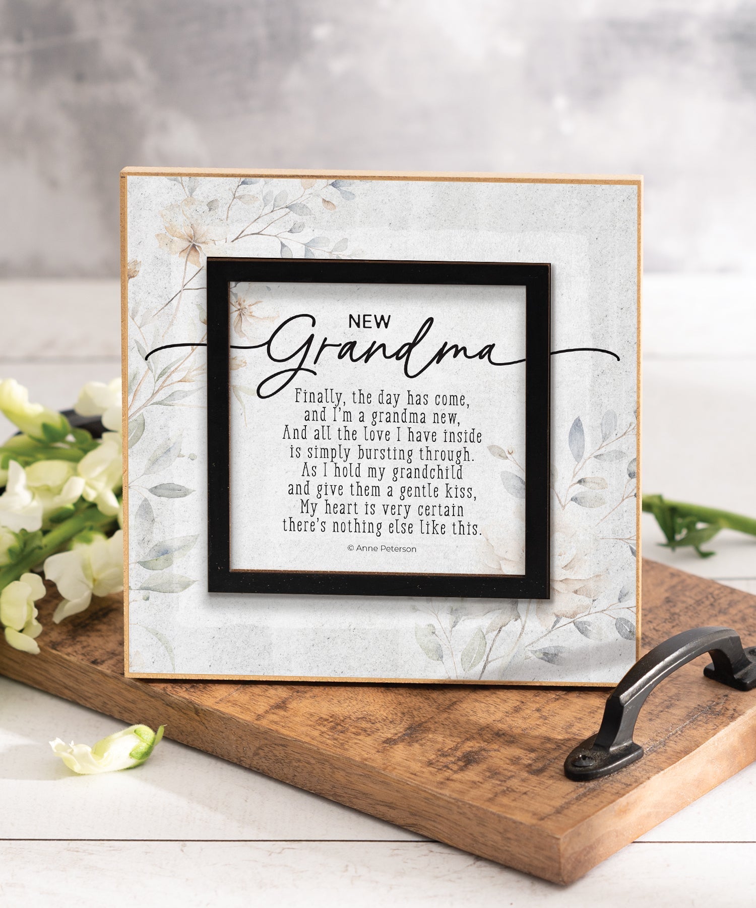 New Grandma 6x6 MDF Plaque with a laser-cut black square accent, full-color farmhouse-style design, neutral tones, and an uplifting verse.