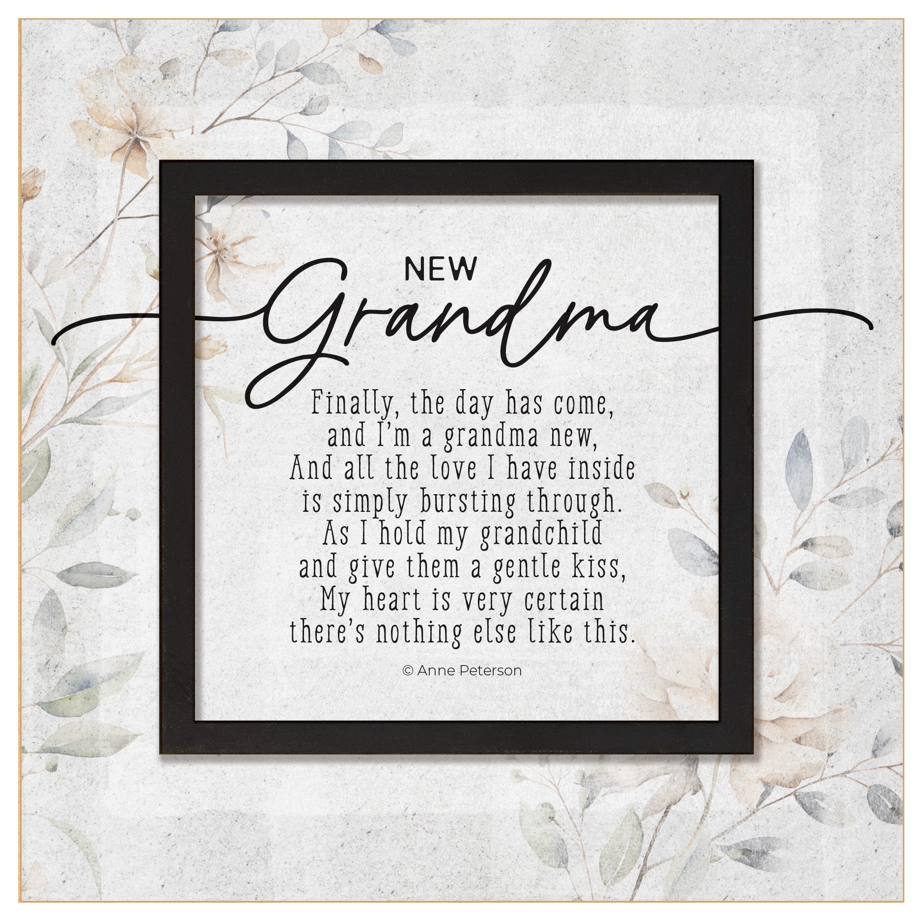 New Grandma 6x6 MDF Plaque with a laser-cut black square accent, full-color farmhouse-style design, neutral tones, and an uplifting verse.