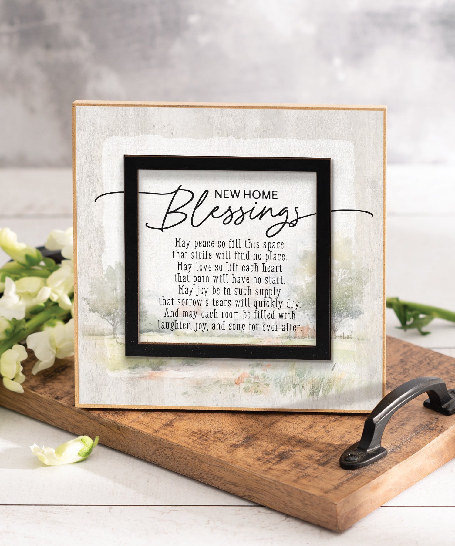 New Home Blessings 6x6 MDF Plaque with a laser-cut black square accent, full-color farmhouse-style design, neutral tones, and an uplifting verse.