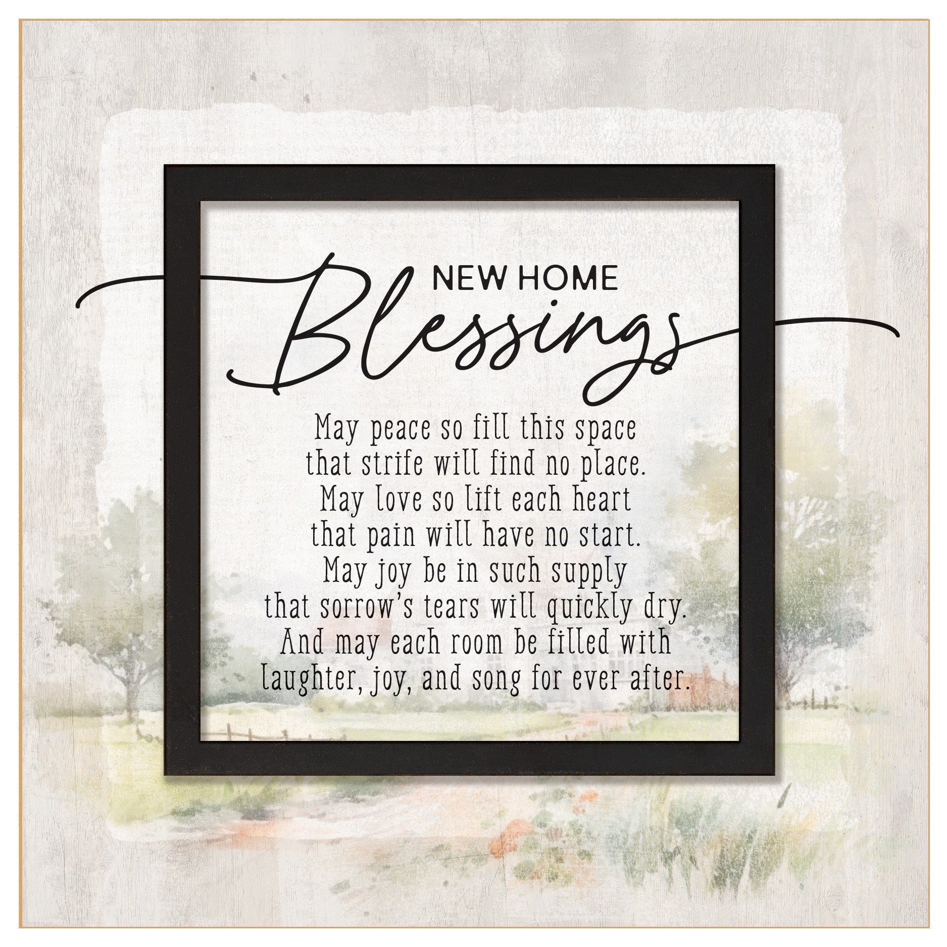 New Home Blessings 6x6 MDF Plaque with a laser-cut black square accent, full-color farmhouse-style design, neutral tones, and an uplifting verse.