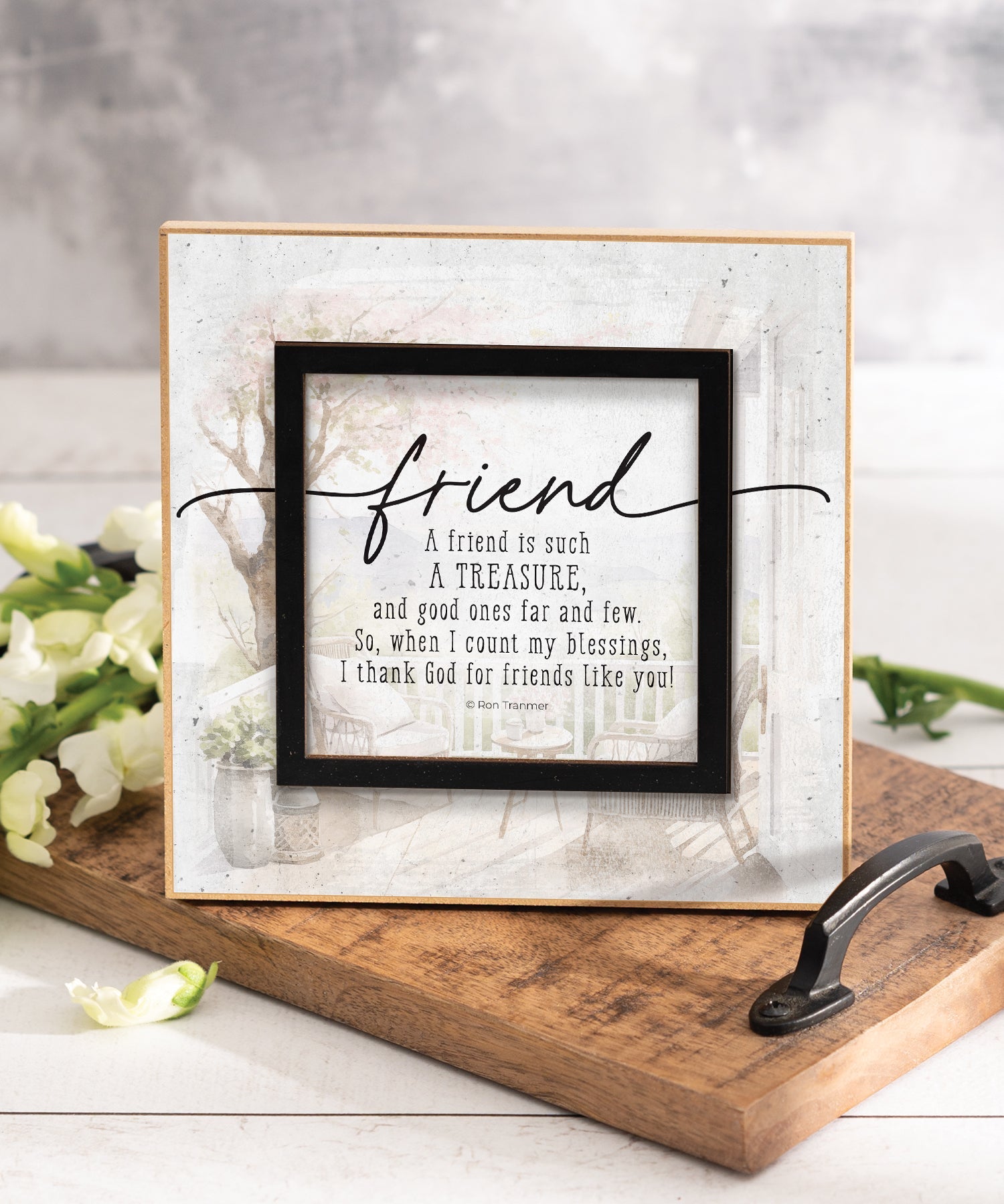 Friend Is a Treasure 6x6 MDF Plaque with a laser-cut black square accent, full-color farmhouse-style design, neutral tones, and an uplifting verse.