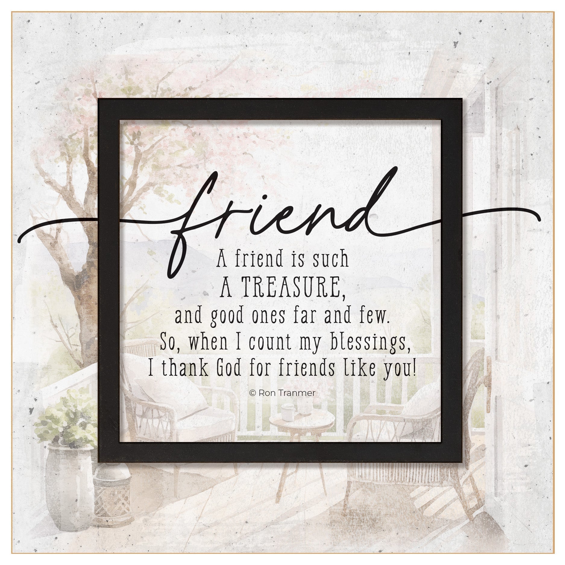 Friend Is a Treasure 6x6 MDF Plaque with a laser-cut black square accent, full-color farmhouse-style design, neutral tones, and an uplifting verse.