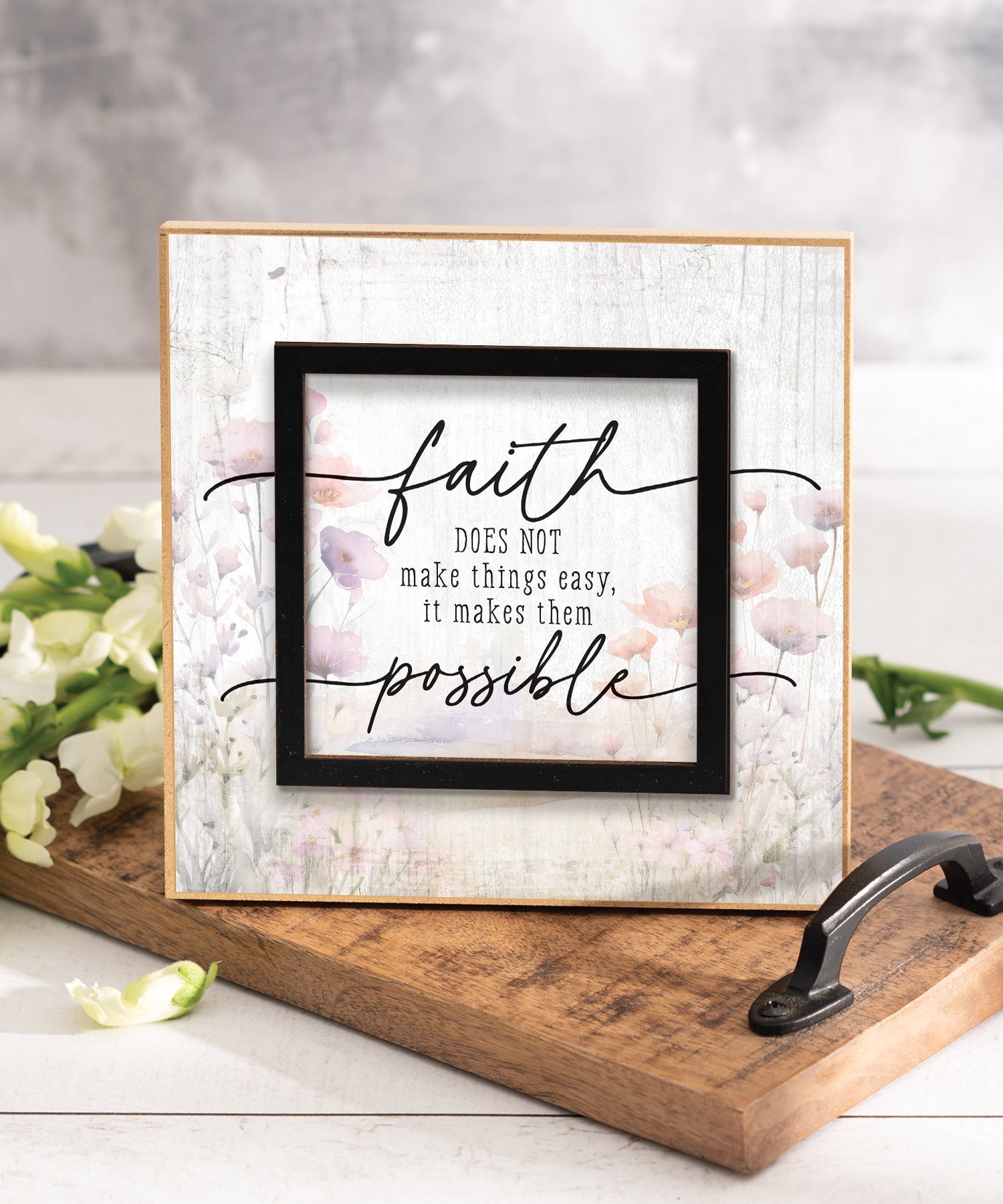 Faith 6x6 MDF Plaque with a laser-cut black square accent, full-color farmhouse-style design, neutral tones, and an uplifting verse.