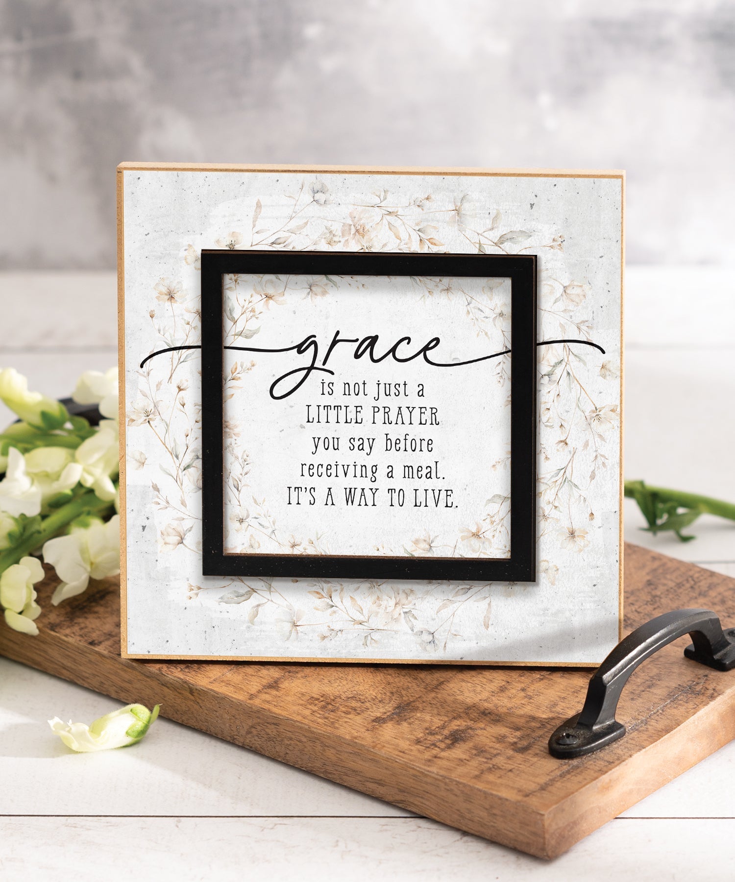 Grace Is a Way to Live 6x6 MDF Plaque with a laser-cut black square accent, full-color farmhouse-style design, neutral tones, and an uplifting verse.