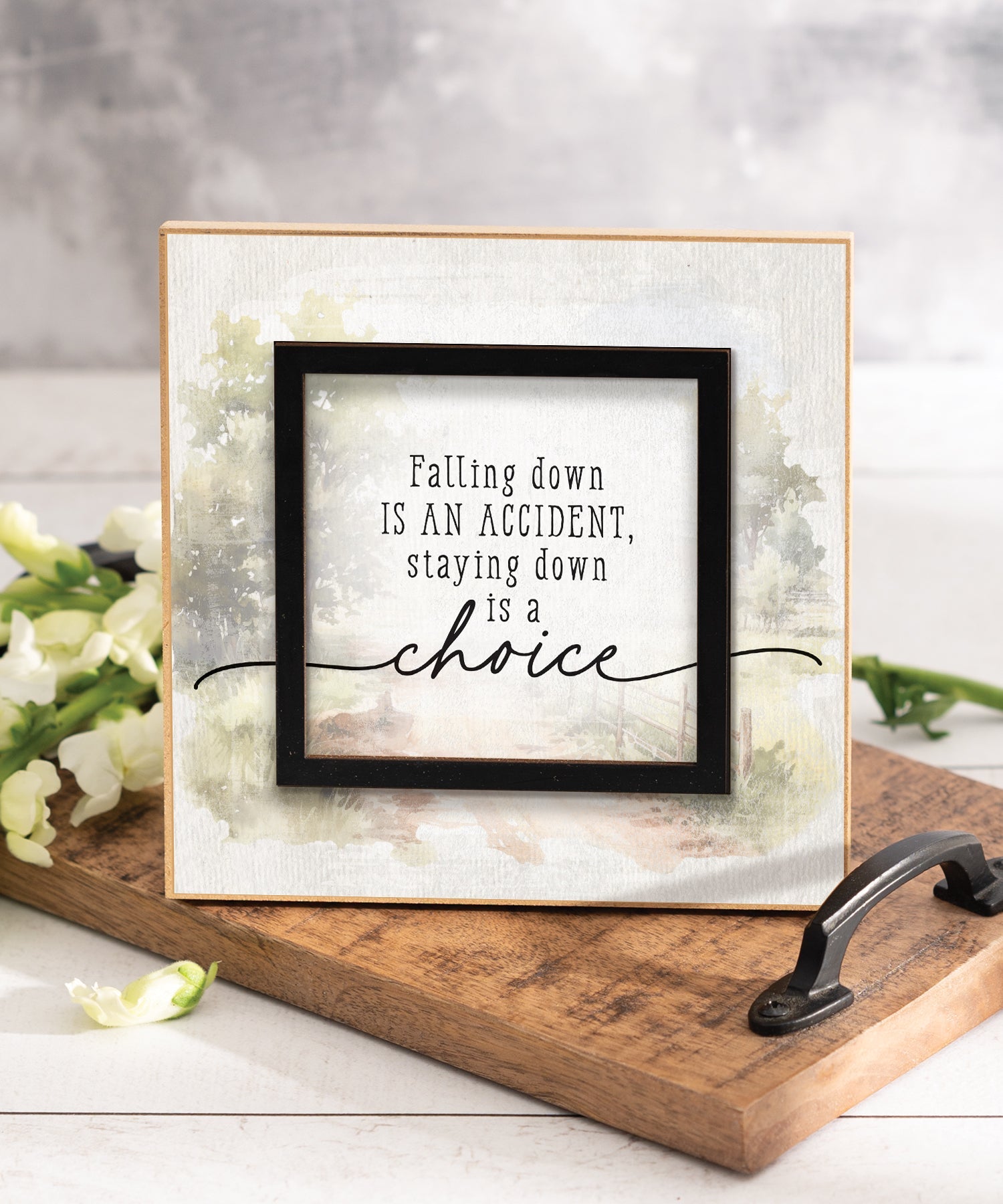 Falling Down 6x6 MDF Plaque with a laser-cut black square accent, full-color farmhouse-style design, neutral tones, and an uplifting verse.