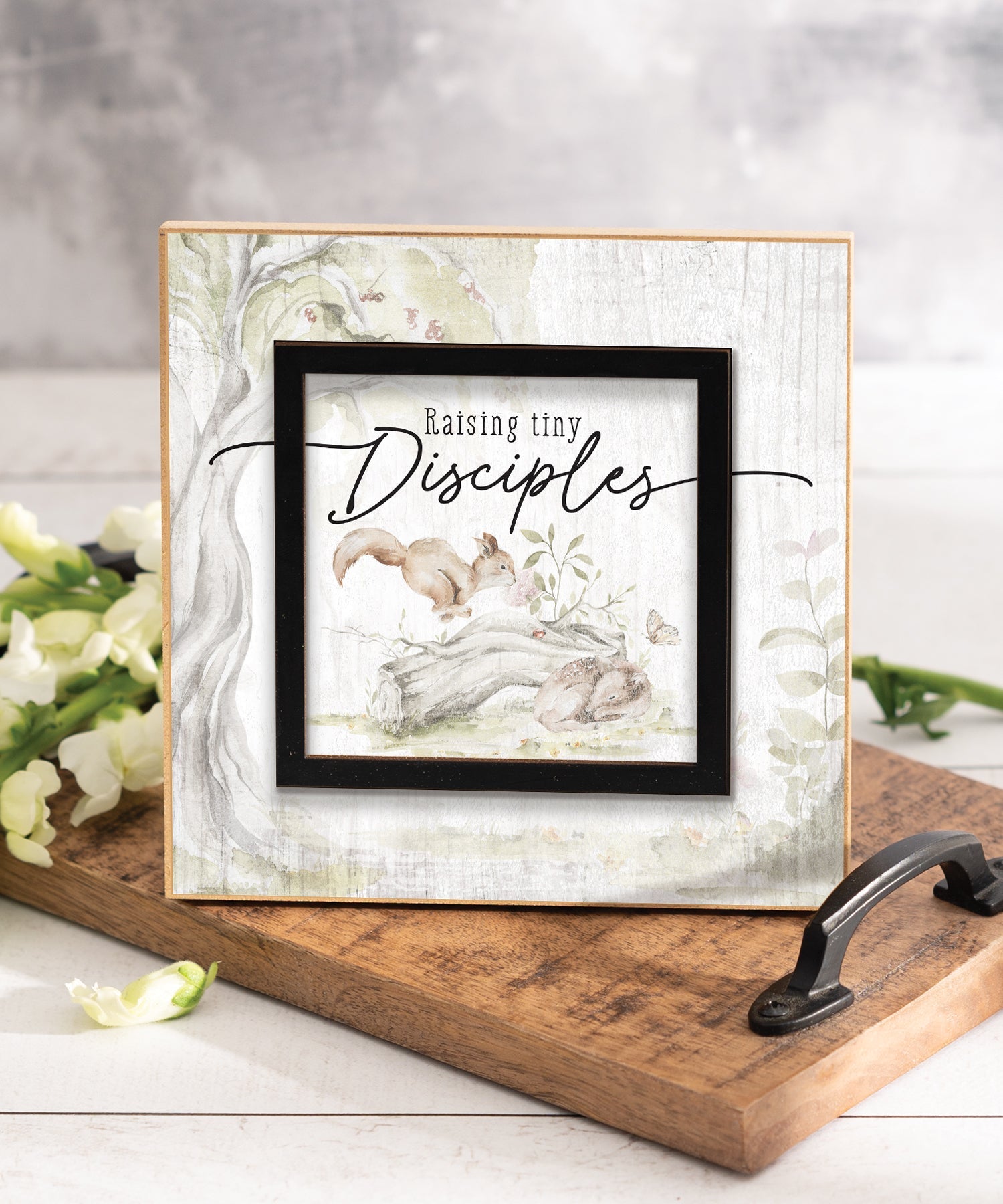 Raising Tiny Disciples 6x6 MDF Plaque with a laser-cut black square accent, full-color farmhouse-style design, neutral tones, and an uplifting verse.