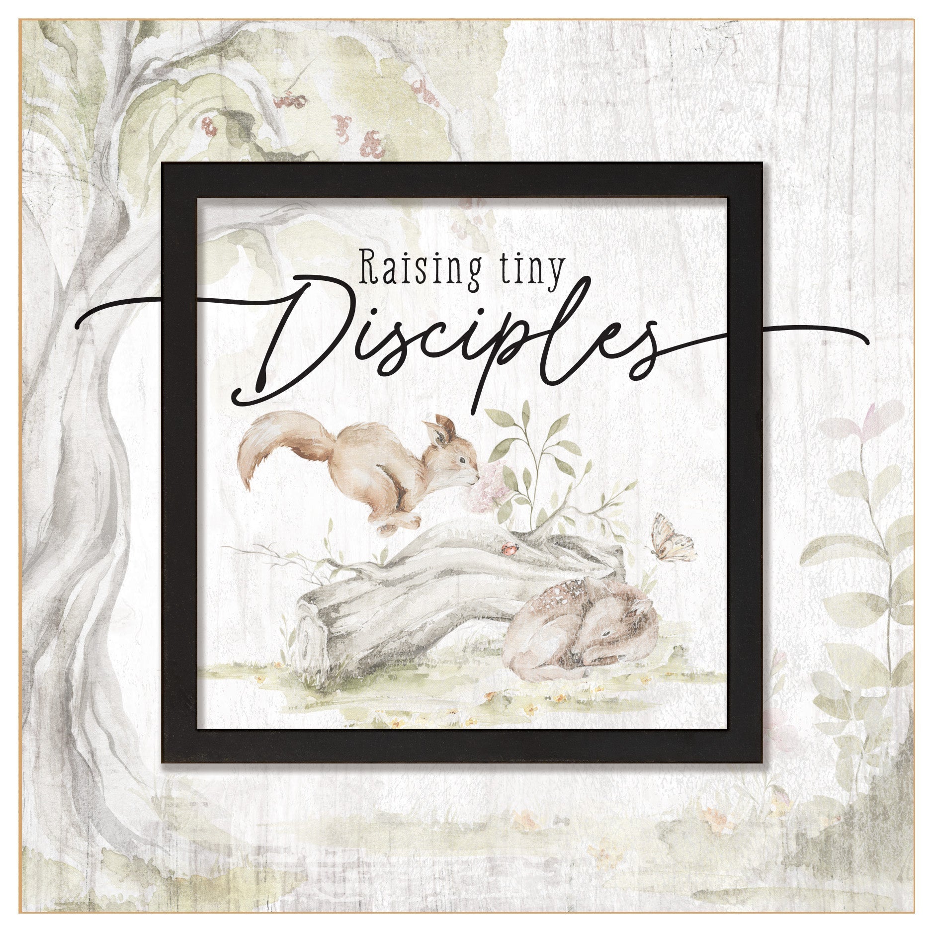 Raising Tiny Disciples 6x6 MDF Plaque with a laser-cut black square accent, full-color farmhouse-style design, neutral tones, and an uplifting verse.