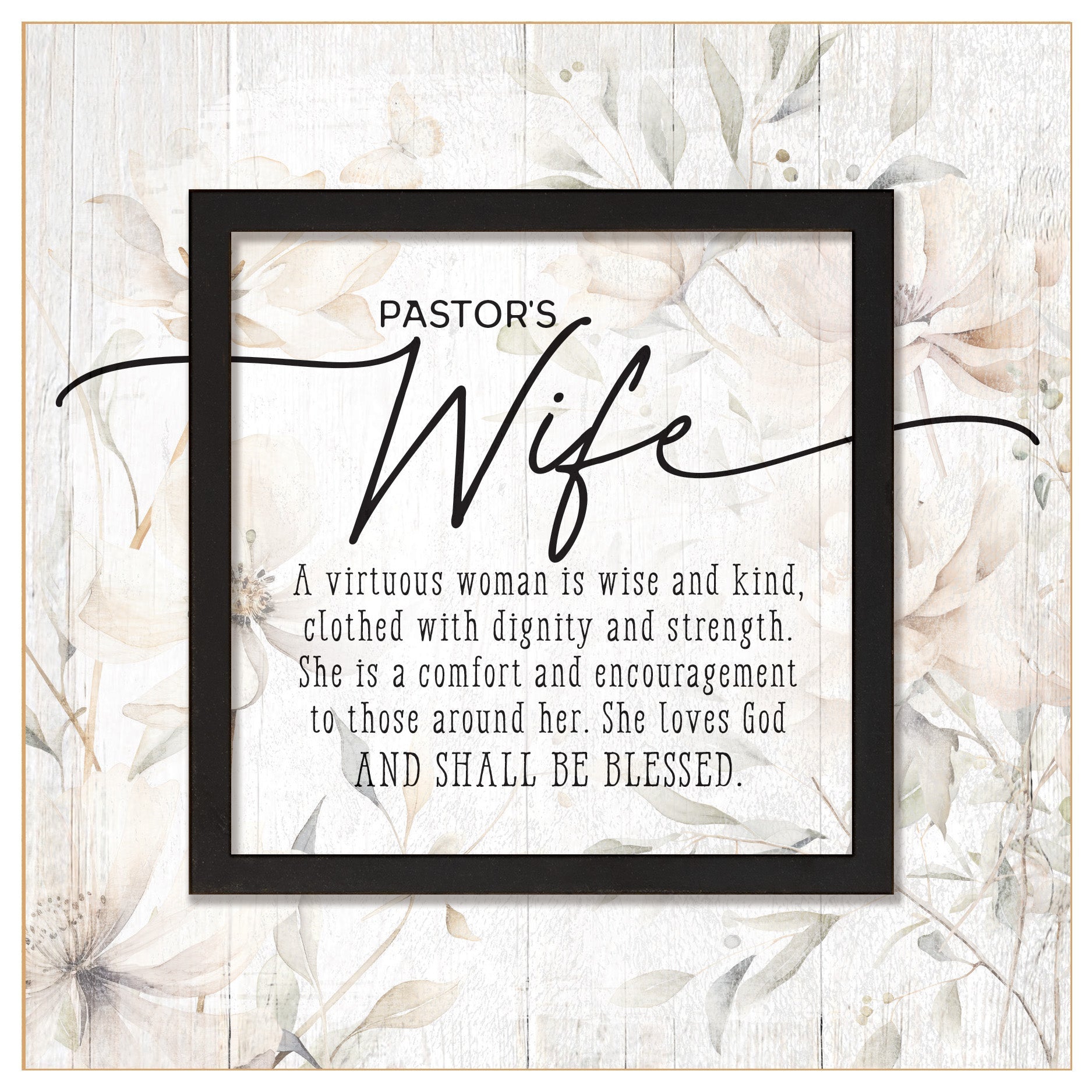 Pastor’s Wife 6x6 MDF Plaque with a laser-cut black square accent, full-color farmhouse-style design, neutral tones, and an uplifting verse.