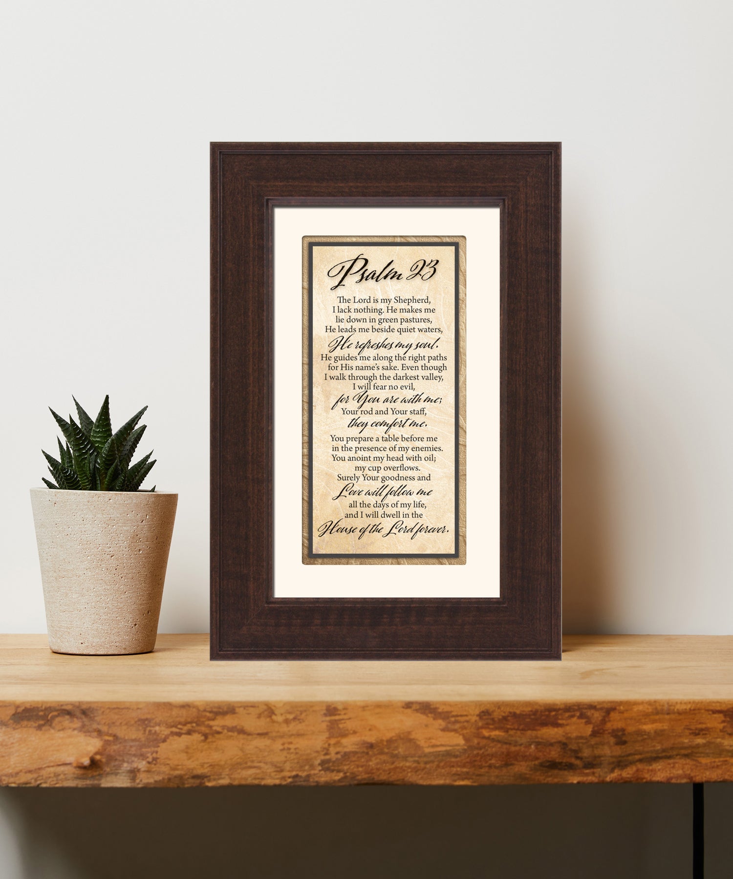 Psalm 23 Framed Art has elegant typography and a neutral design. It is framed in a classic wood frame with a warm finish and double matting.
