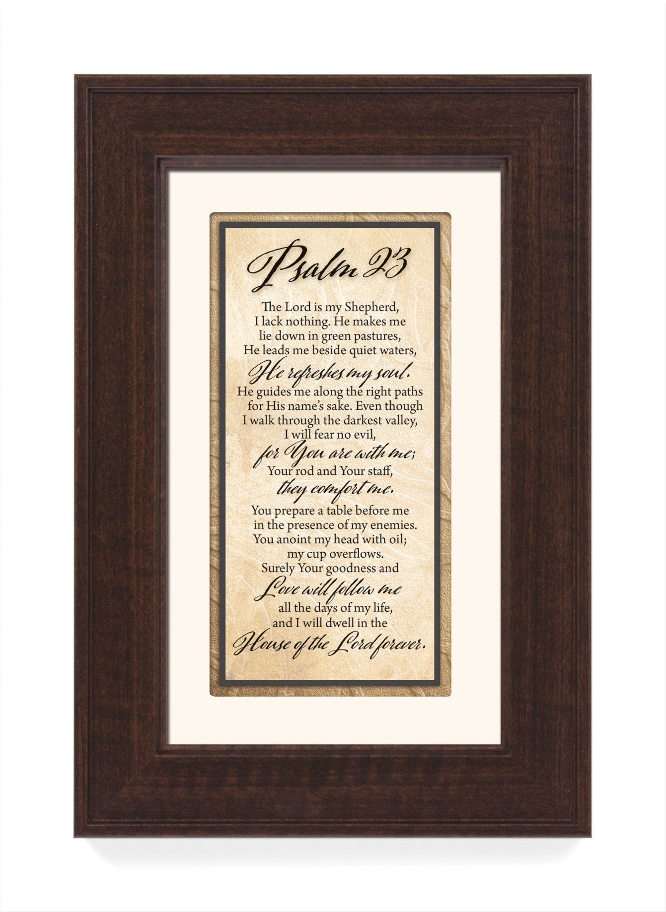 Psalm 23 Framed Art has elegant typography and a neutral design. It is framed in a classic wood frame with a warm finish and double matting.