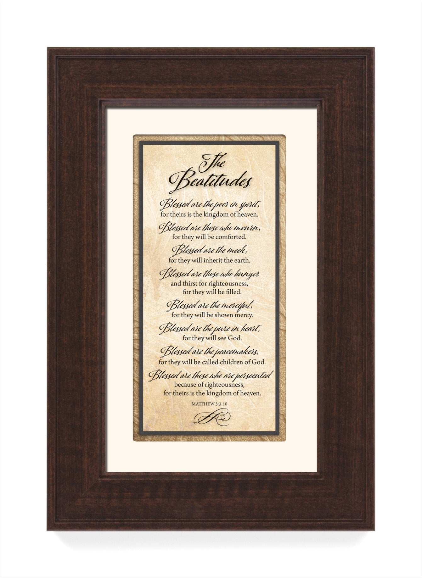 The Beatitudes Framed Art has elegant typography and a neutral design. It is framed in a classic wood frame with a warm finish and double matting.