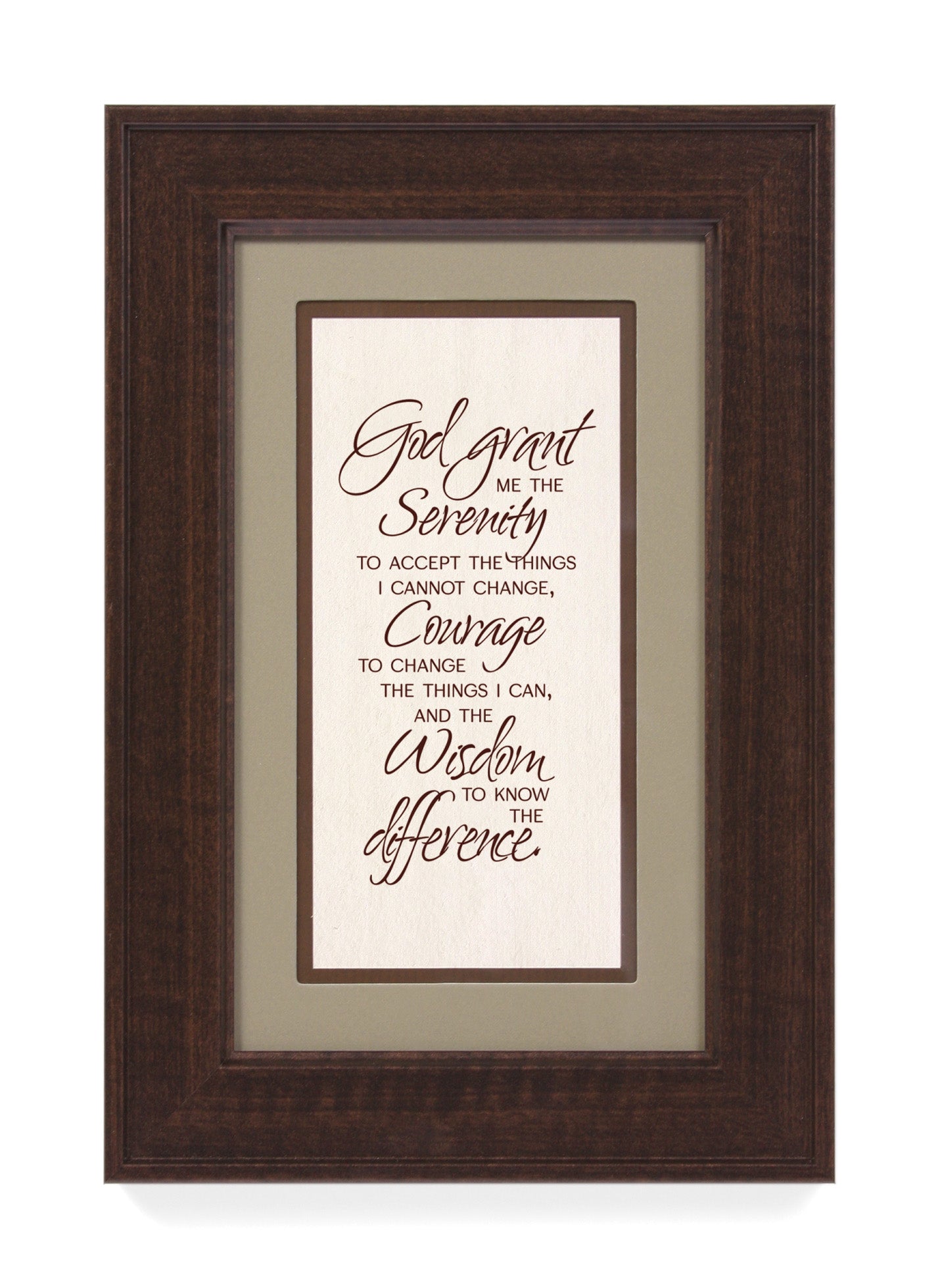 Serenity Prayer Framed Art has elegant typography and a neutral design. It is framed in a classic wood frame with a warm finish and double matting.