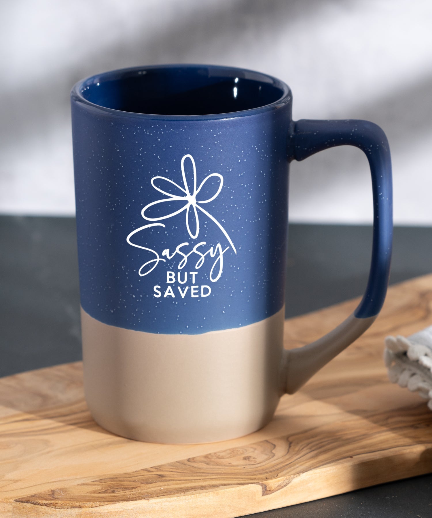 Sassy but Saved Pebble Mug with speckled two-tone design and Christian inspirational message