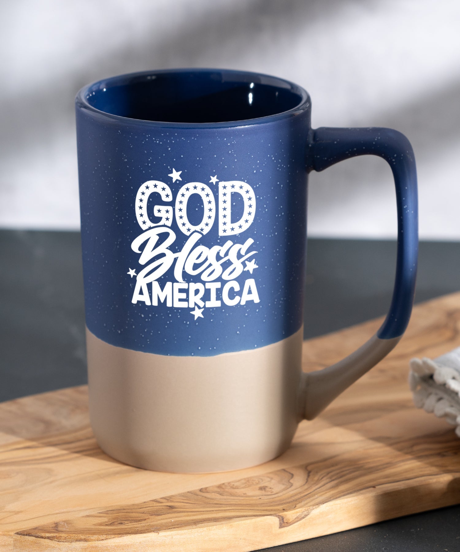 God Bless America two-toned Pebble Mug with speckled rim and patriotic message