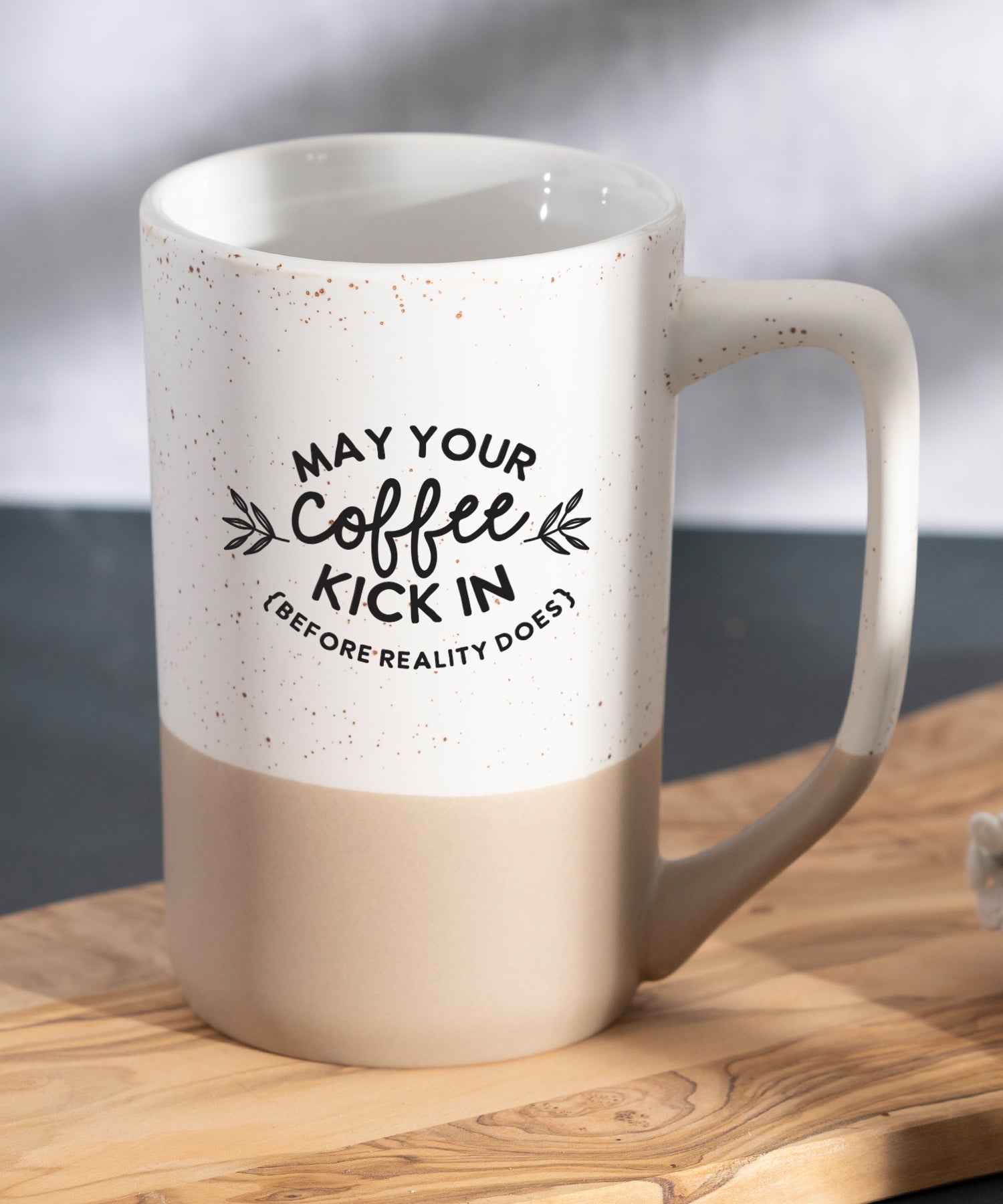 May Your Coffee Kick In two-toned Pebble Mug with speckled rim and humorous coffee message