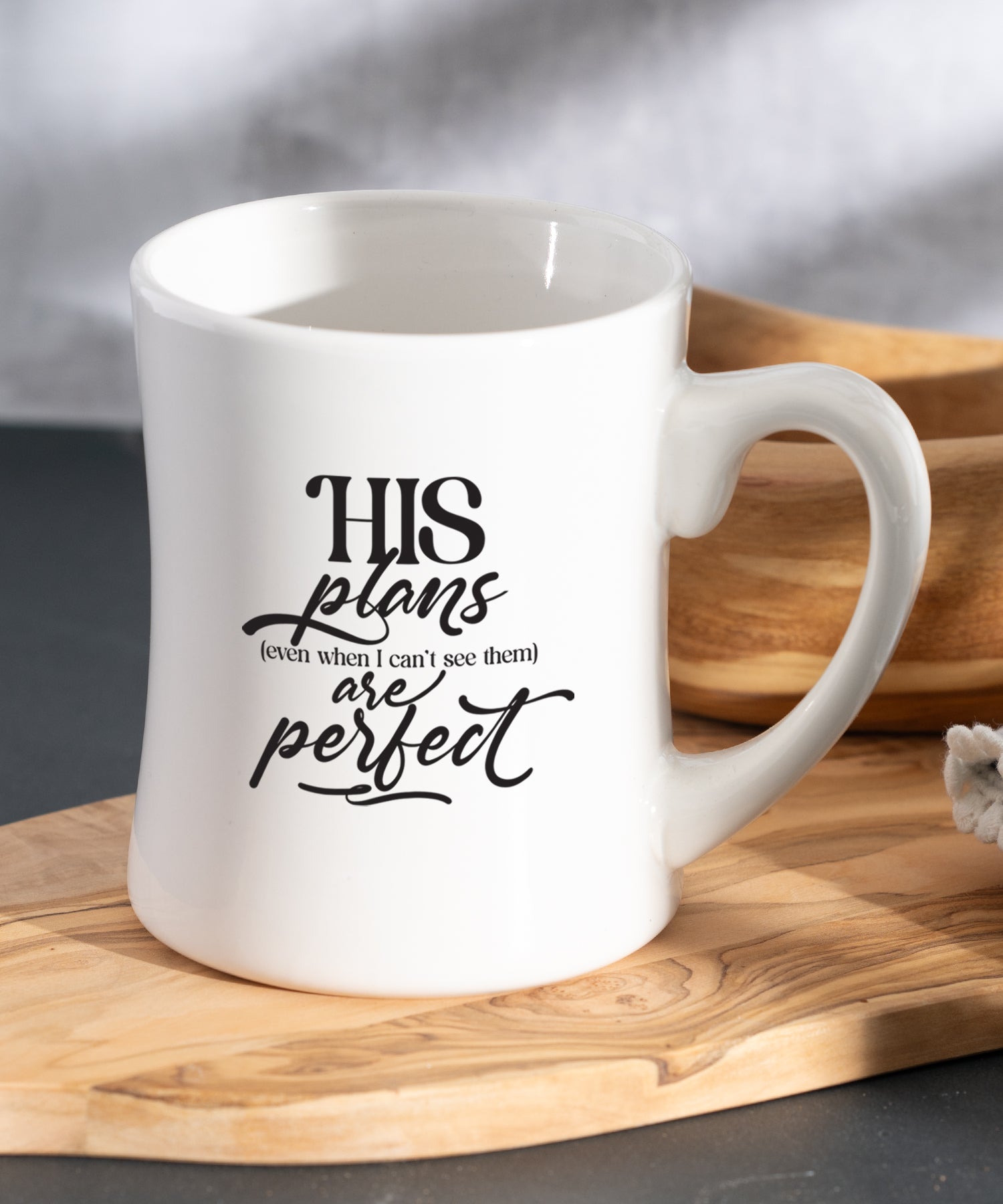 His Plans Are Perfect 19 oz Coffeehouse Mug with white ceramic concave shape and inspirational message printed on both sides