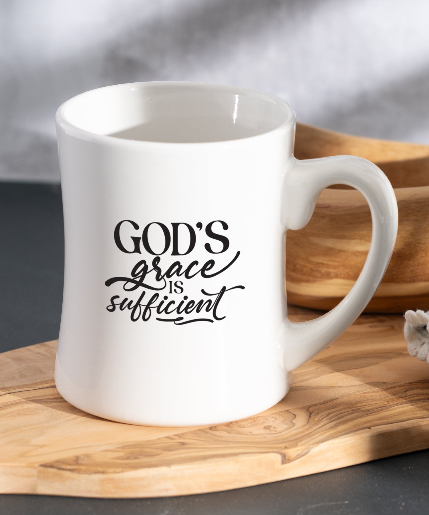 God’s Grace Is Sufficient Coffeehouse Mug with white ceramic concave shape and inspirational message printed on both sides