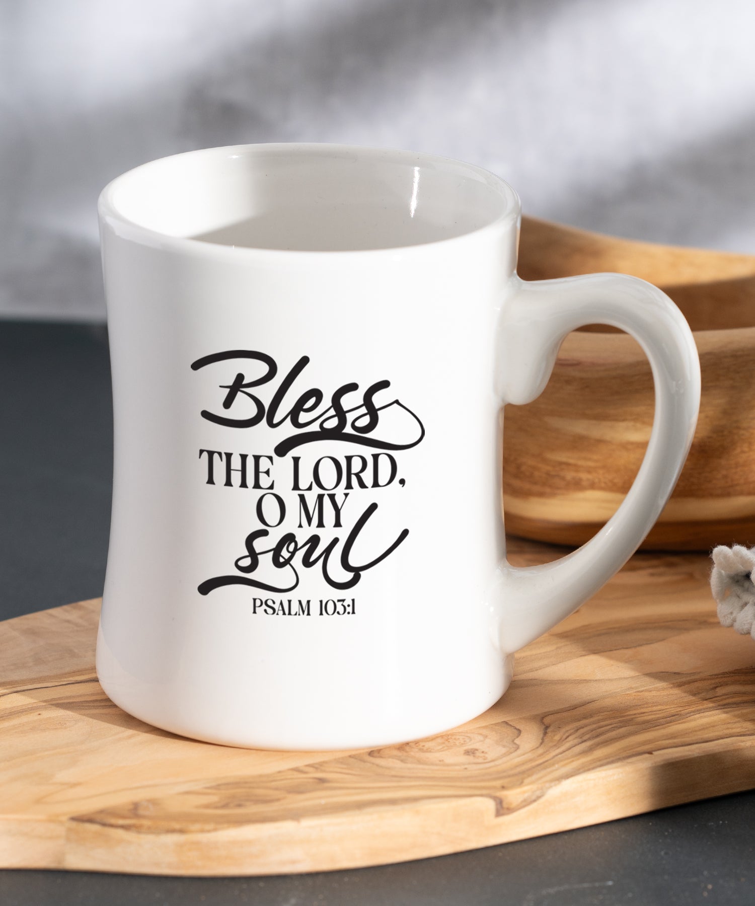 Bless the Lord Coffeehouse Mug with white ceramic concave shape and Psalm 103:1 scripture