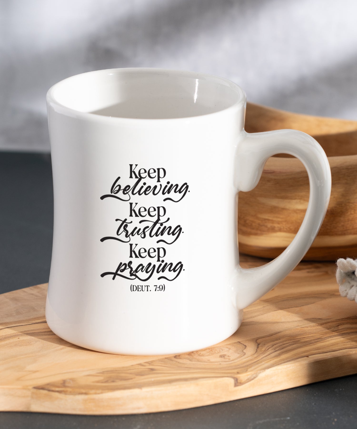 Keep Believing Coffeehouse Mug with white ceramic concave shape and Deuteronomy 7:9 scripture