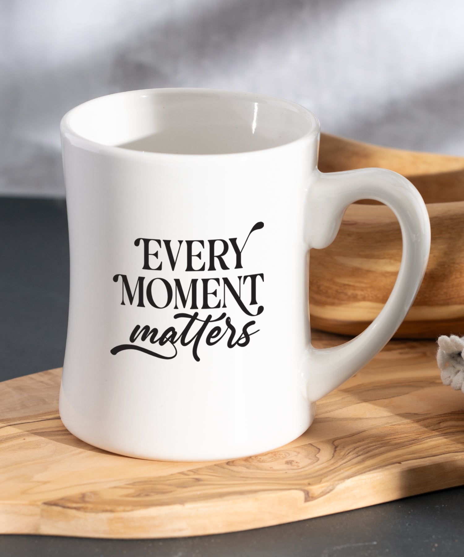 Every Moment Matters Coffeehouse Mug with white ceramic concave shape and motivational message