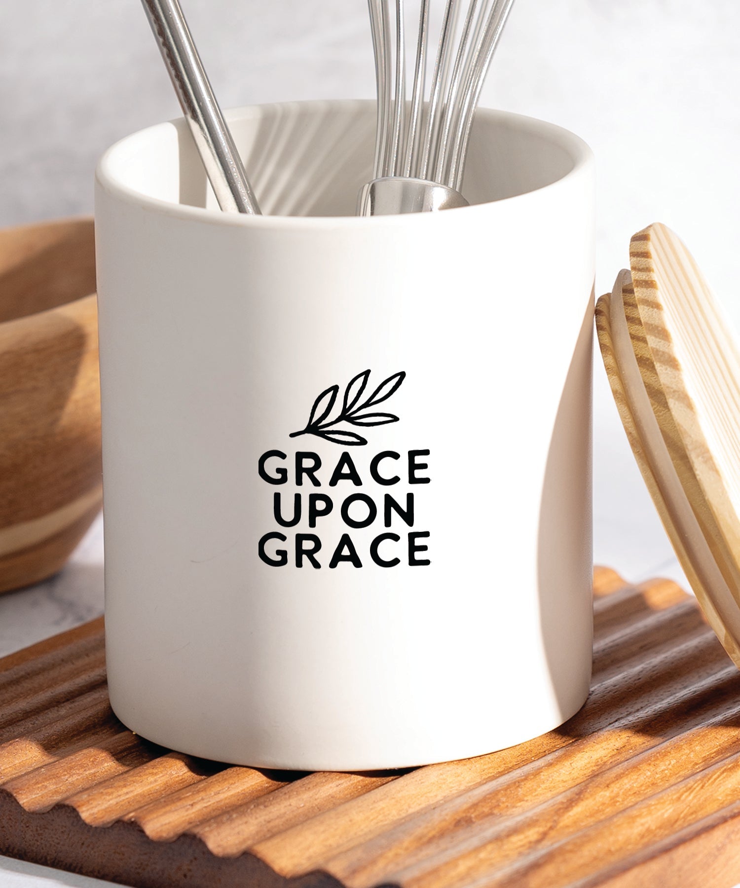 Grace Upon Grace Canister with Farmhouse Charm and Pine Wood Lid