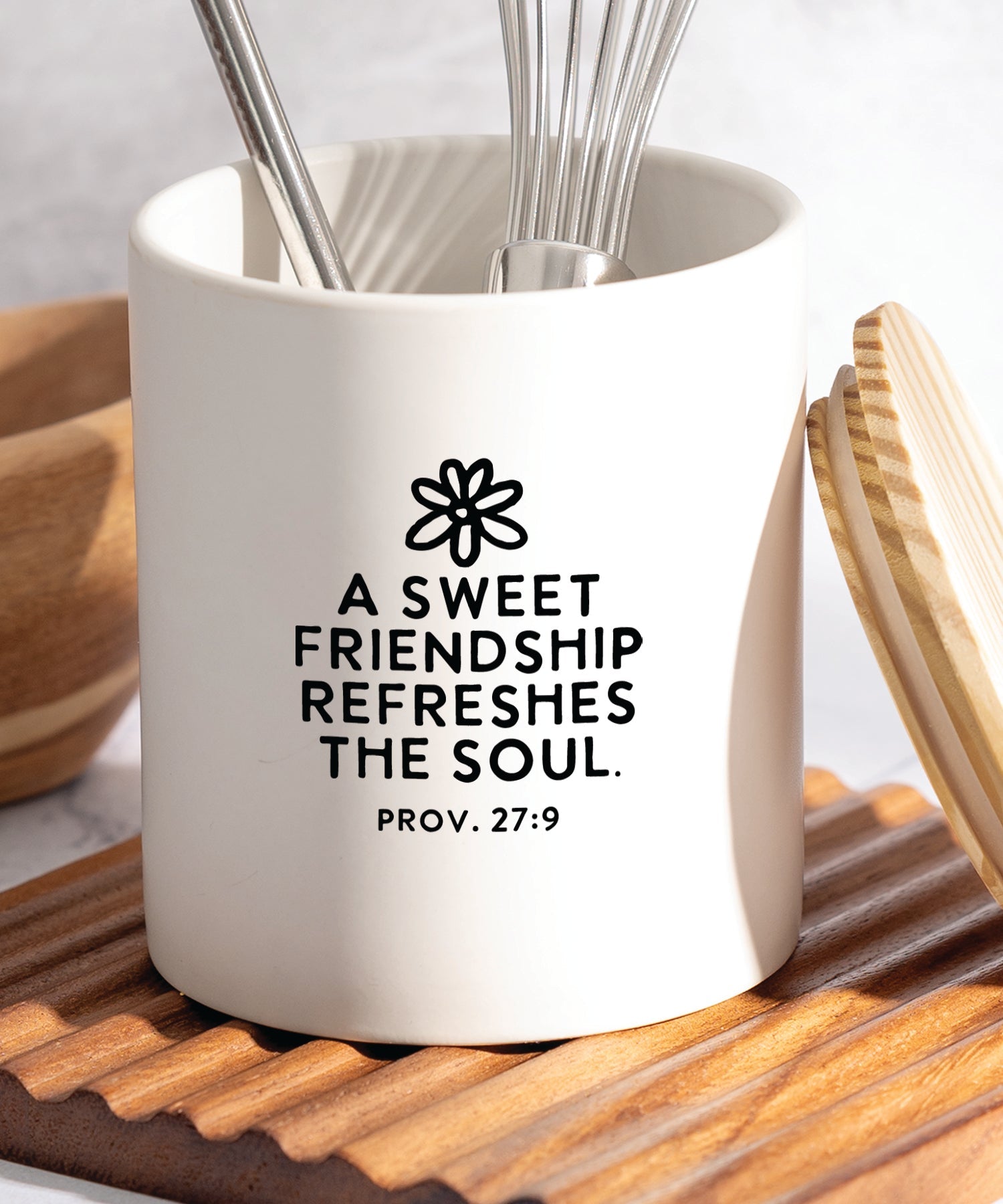 A Sweet Friendship ceramic canister with friendship Bible verse and pine wood lid