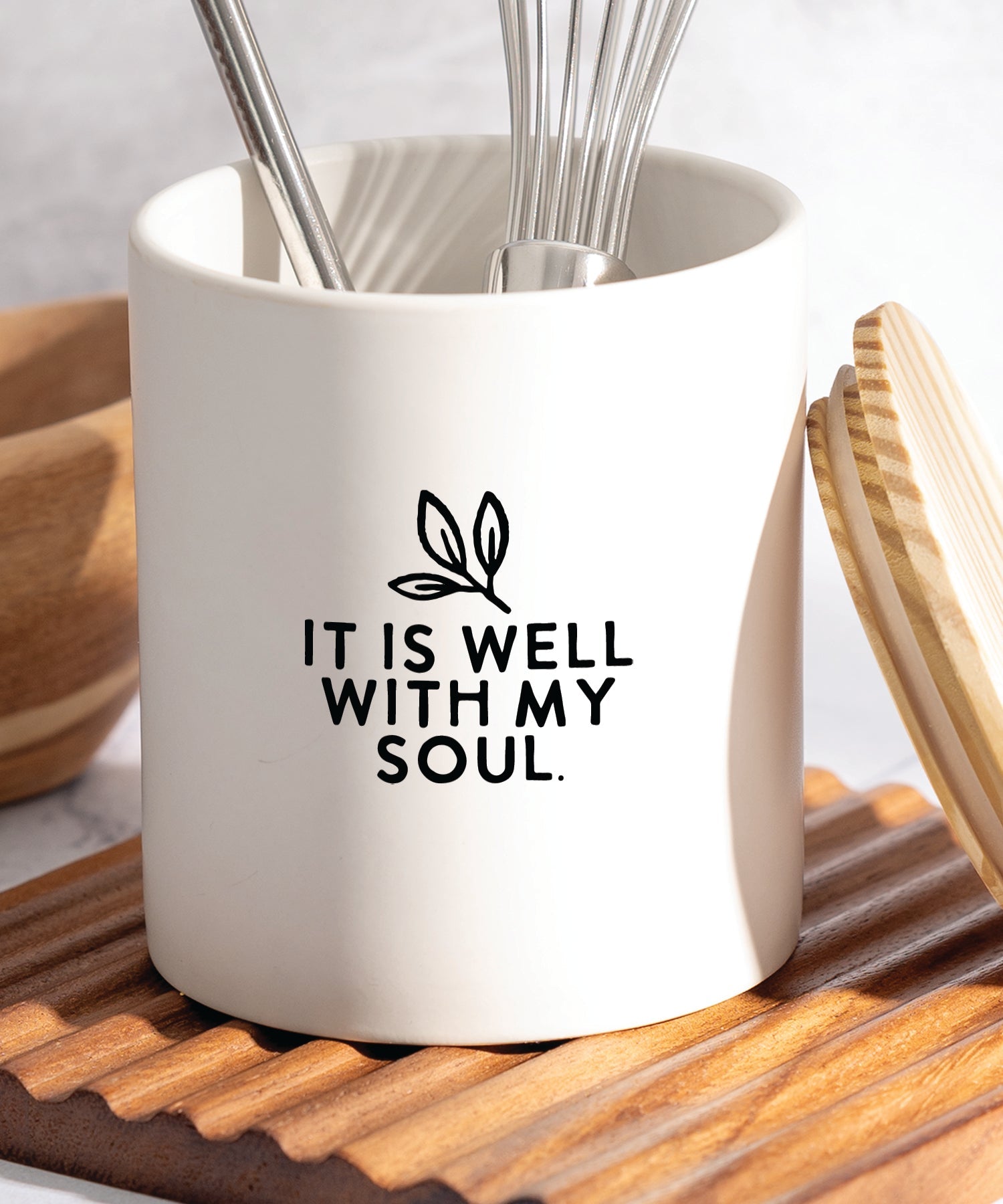 It Is Well ceramic canister with inspirational message and natural pine wood lid