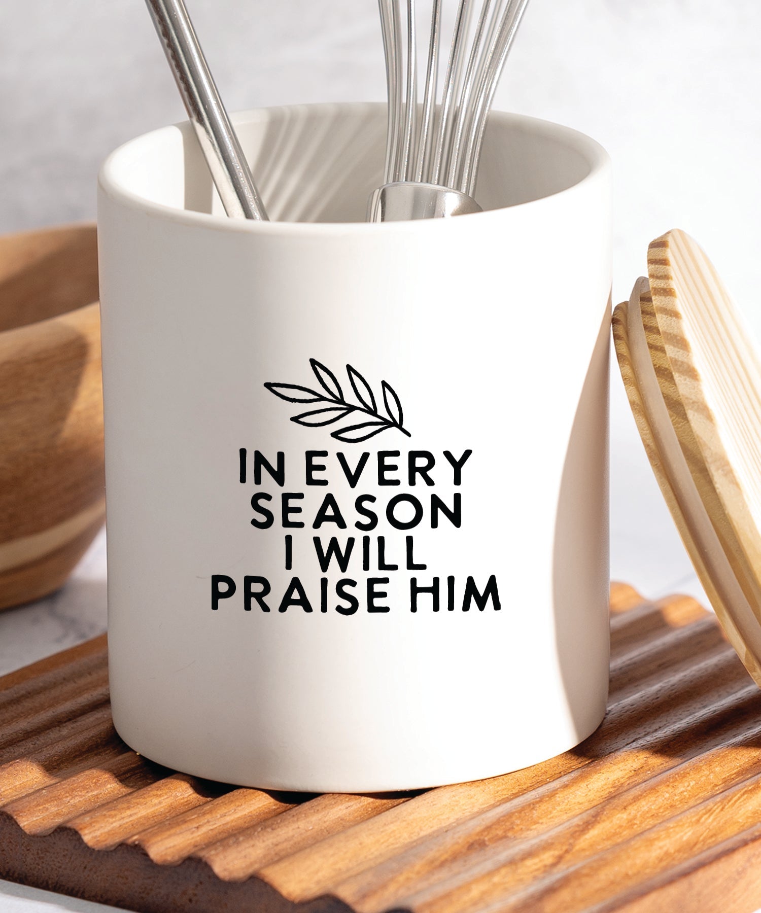 In Every Season Canister with Farmhouse Charm and Pine Wood Lid