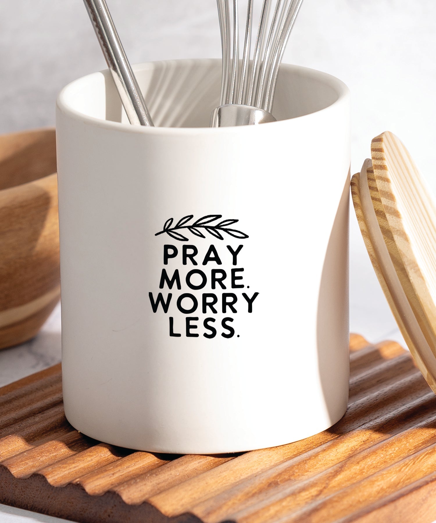 Pray more worry less ceramic canister with inspirational message and pine wood lid