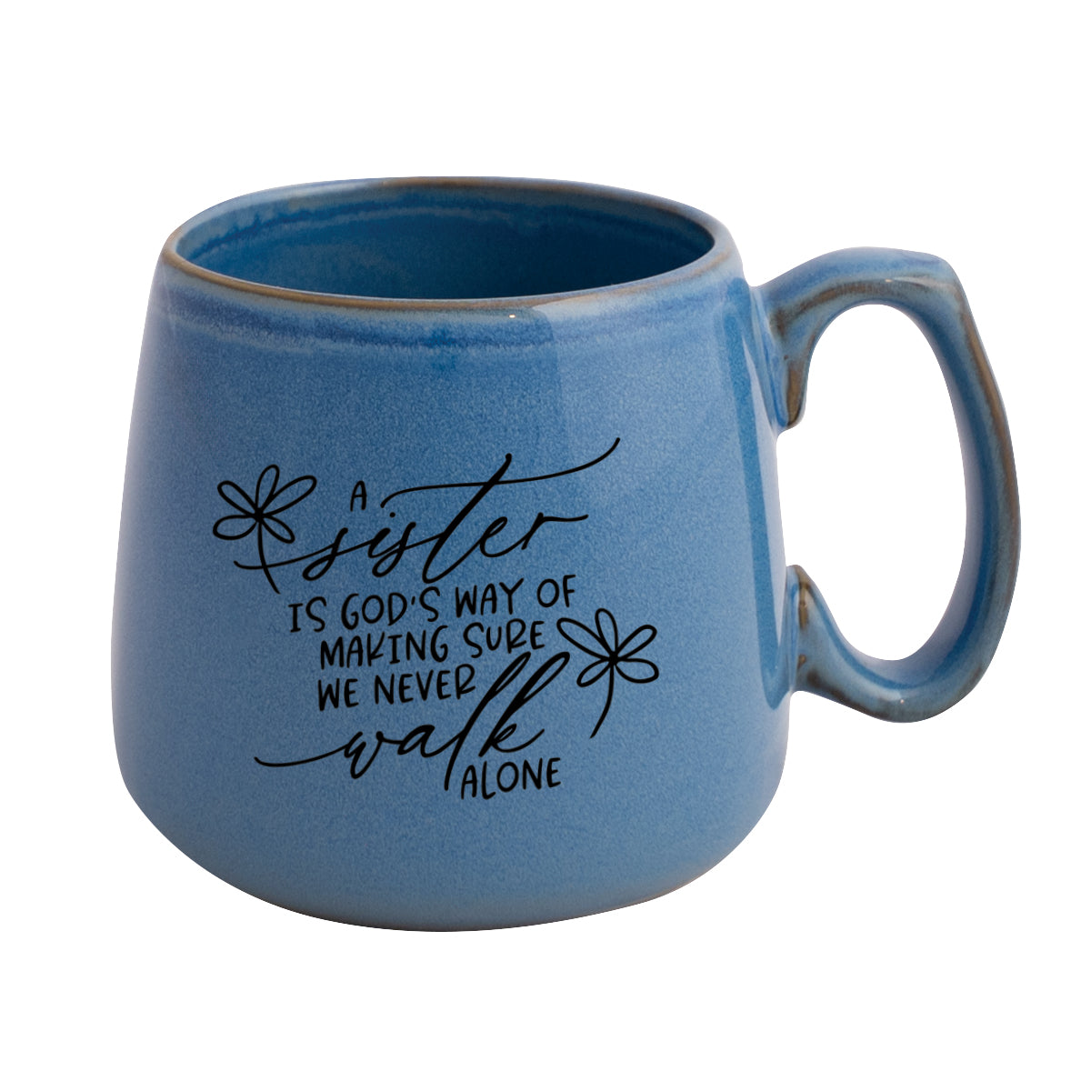 Ceramic mug with a broad base featuring A Sister.
