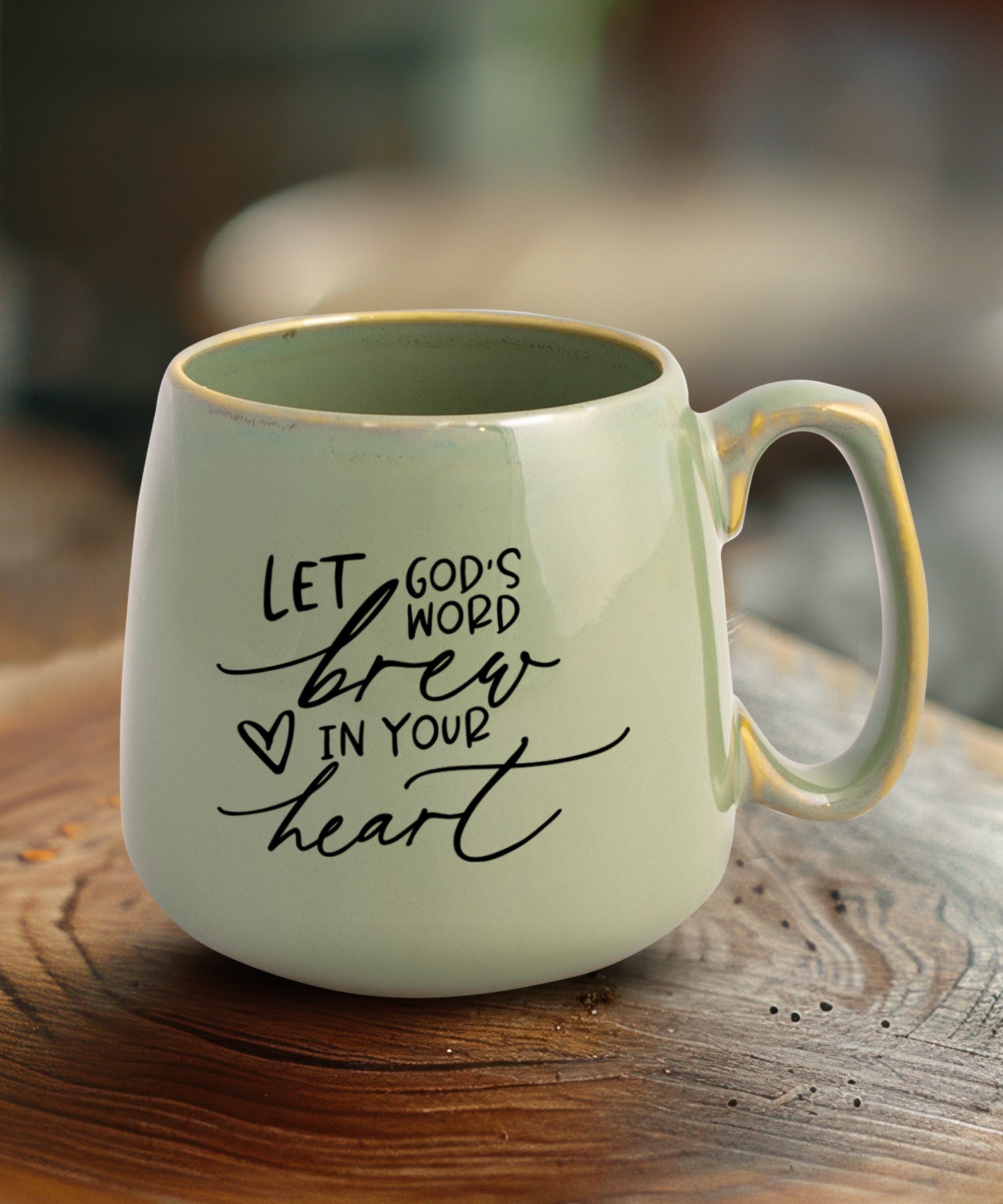 Ceramic mug with a broad base featuring Let’s God’s Word Brew.