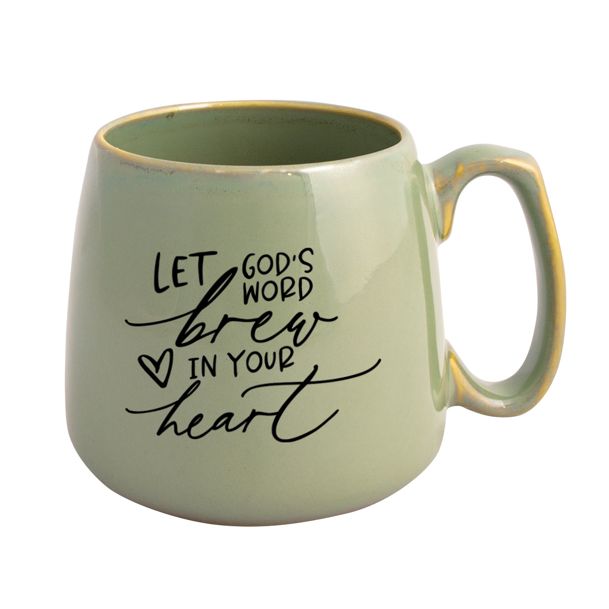 Ceramic mug with a broad base featuring Let’s God’s Word Brew.