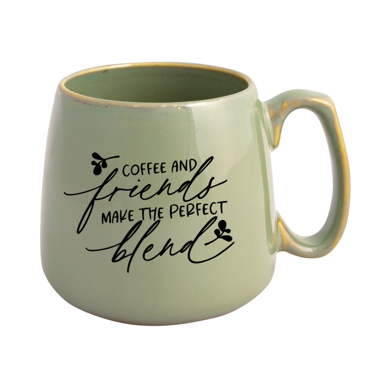 Ceramic mug with a broad base featuring Coffee and Friends.