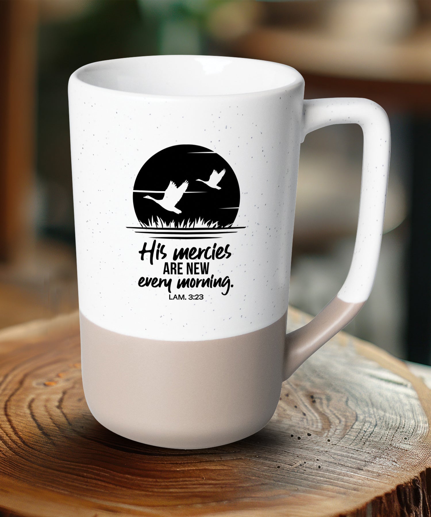 Two-toned ceramic mug with pebble accents featuring His Mercies and a corresponding image.