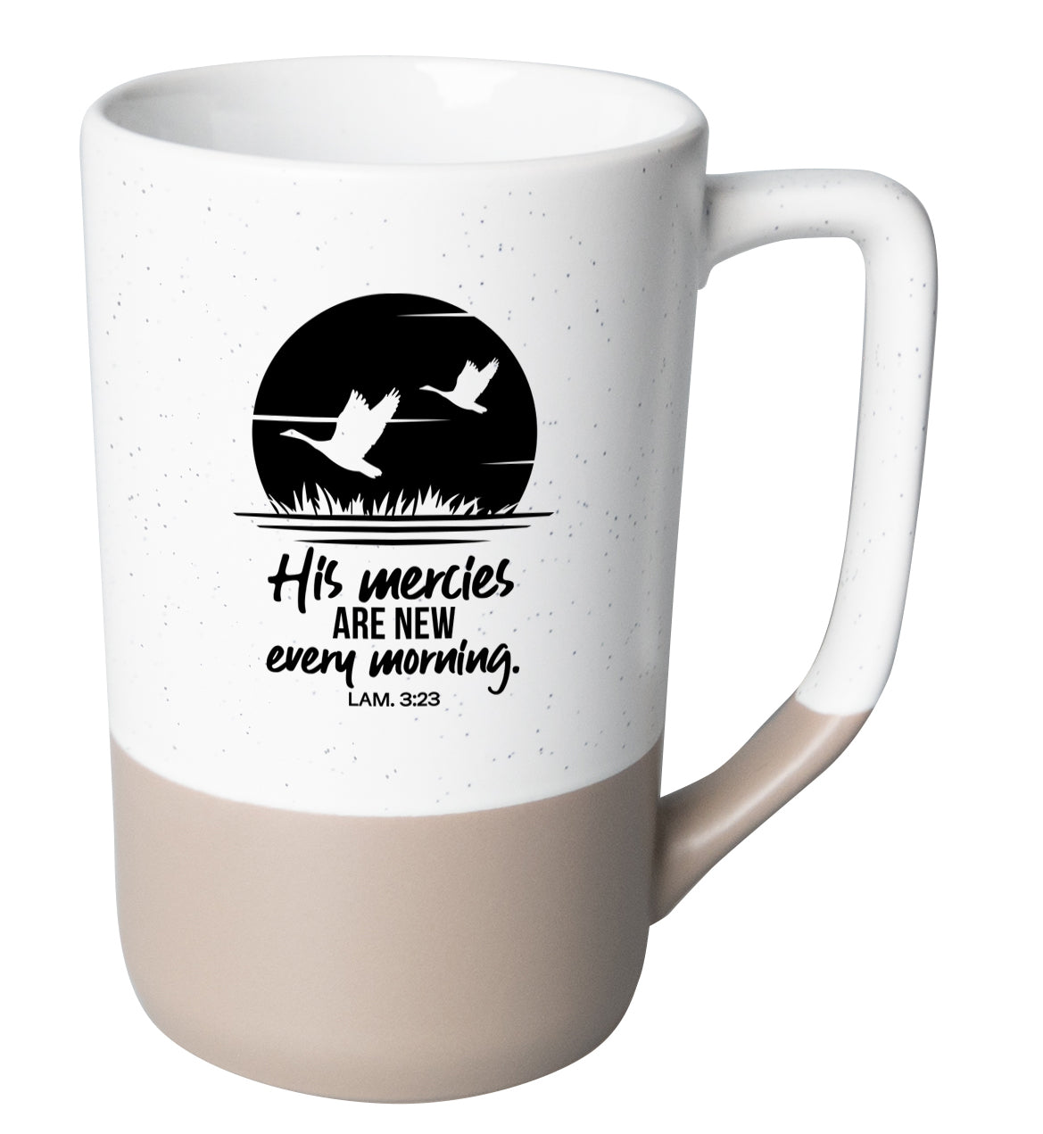 Two-toned ceramic mug with pebble accents featuring His Mercies and a corresponding image.