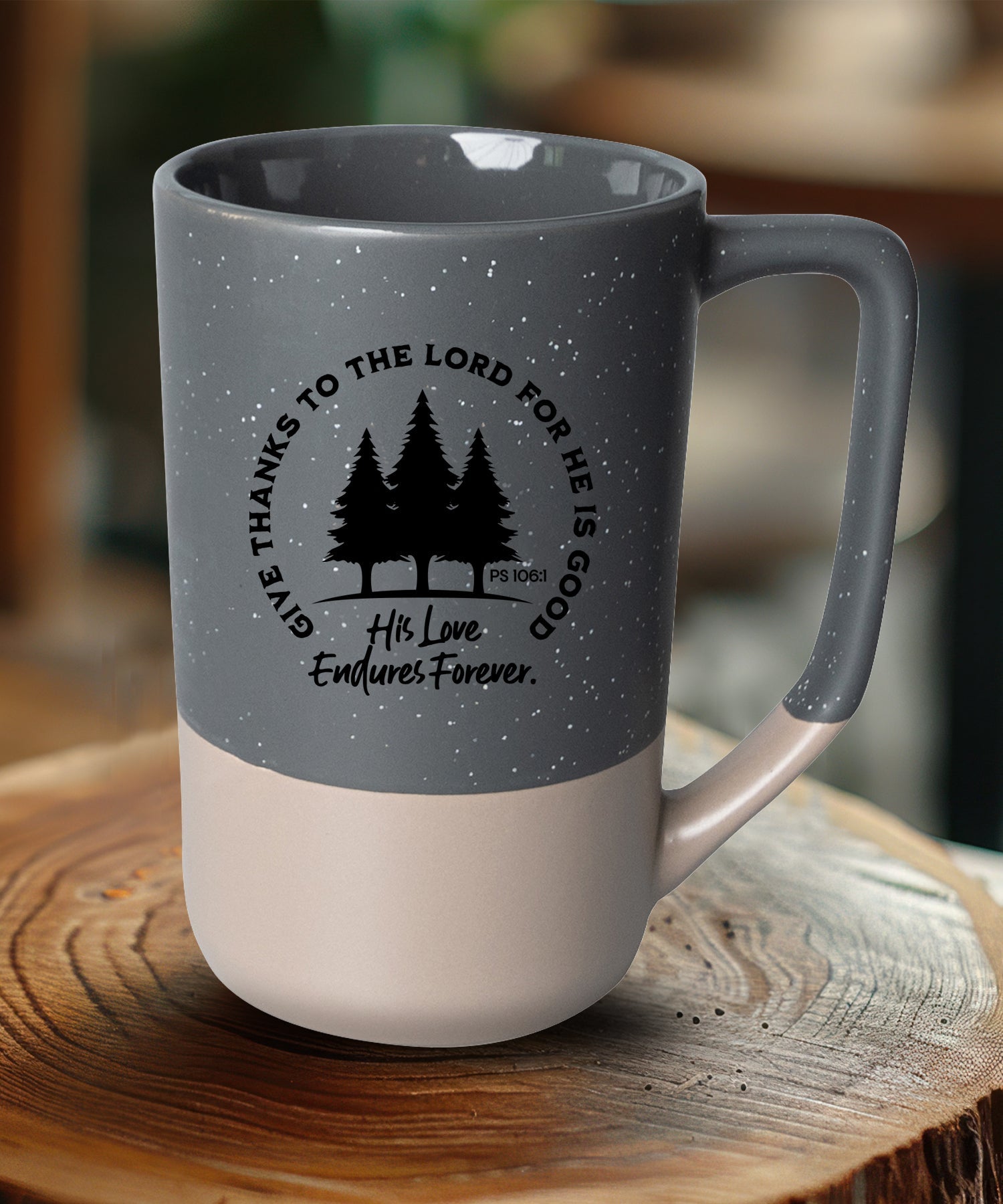 Give Thanks to the Lord Pebble Mug with two-toned speckled design and Psalm 106:1 verse