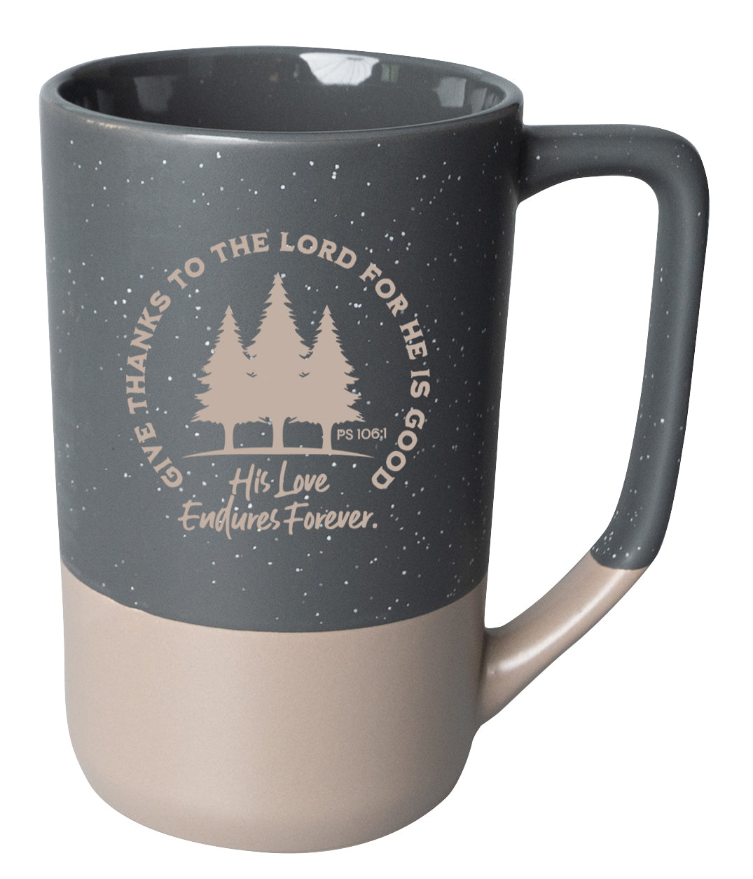 Two-toned ceramic mug with pebble accents featuring Give Thanks to the Lord and a corresponding image.